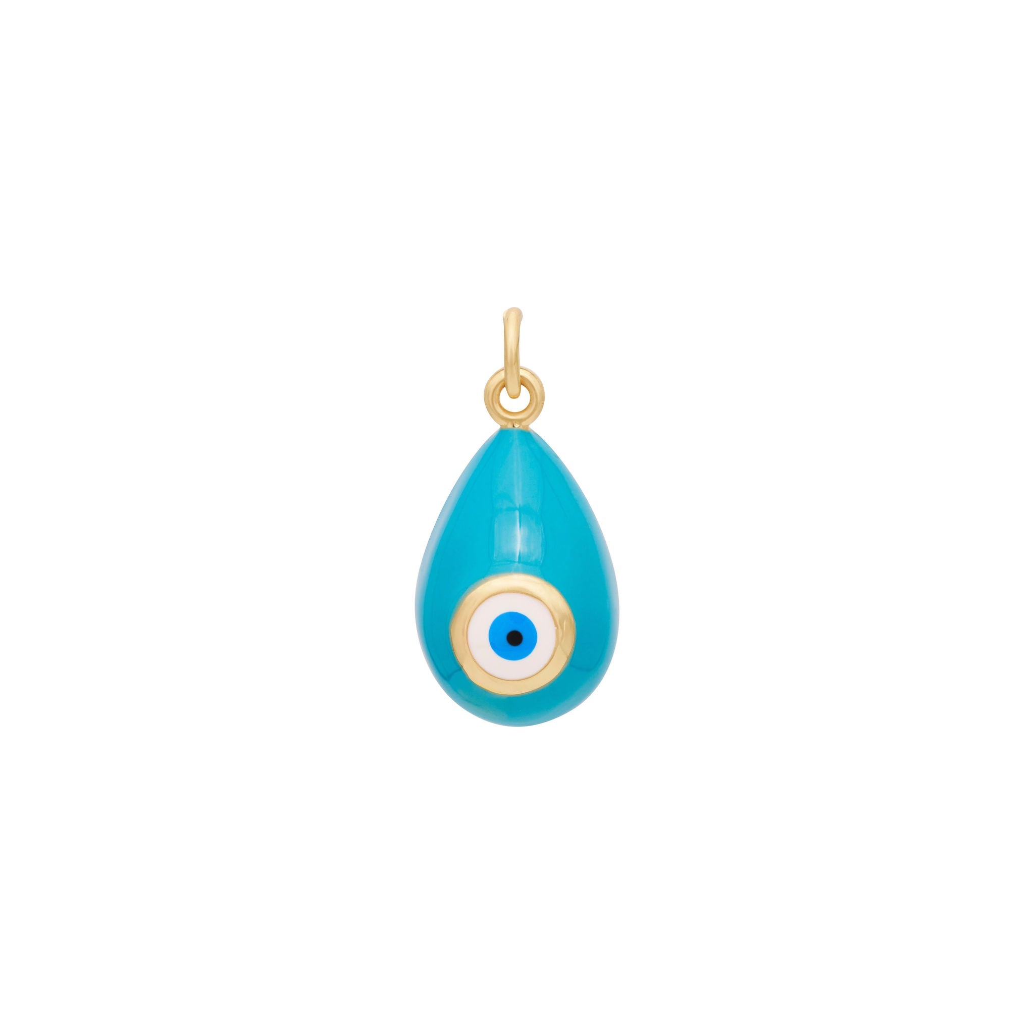 The Enamel Eye Charm - Gold by The Ends features a single, teardrop-shaped orange pendant with a small gold loop at the top. In the center of this stylish accessory is a circular blue and white eye design, beautifully resembling an evil eye motif. This piece adds a touch of mystique and elegance to any ensemble.