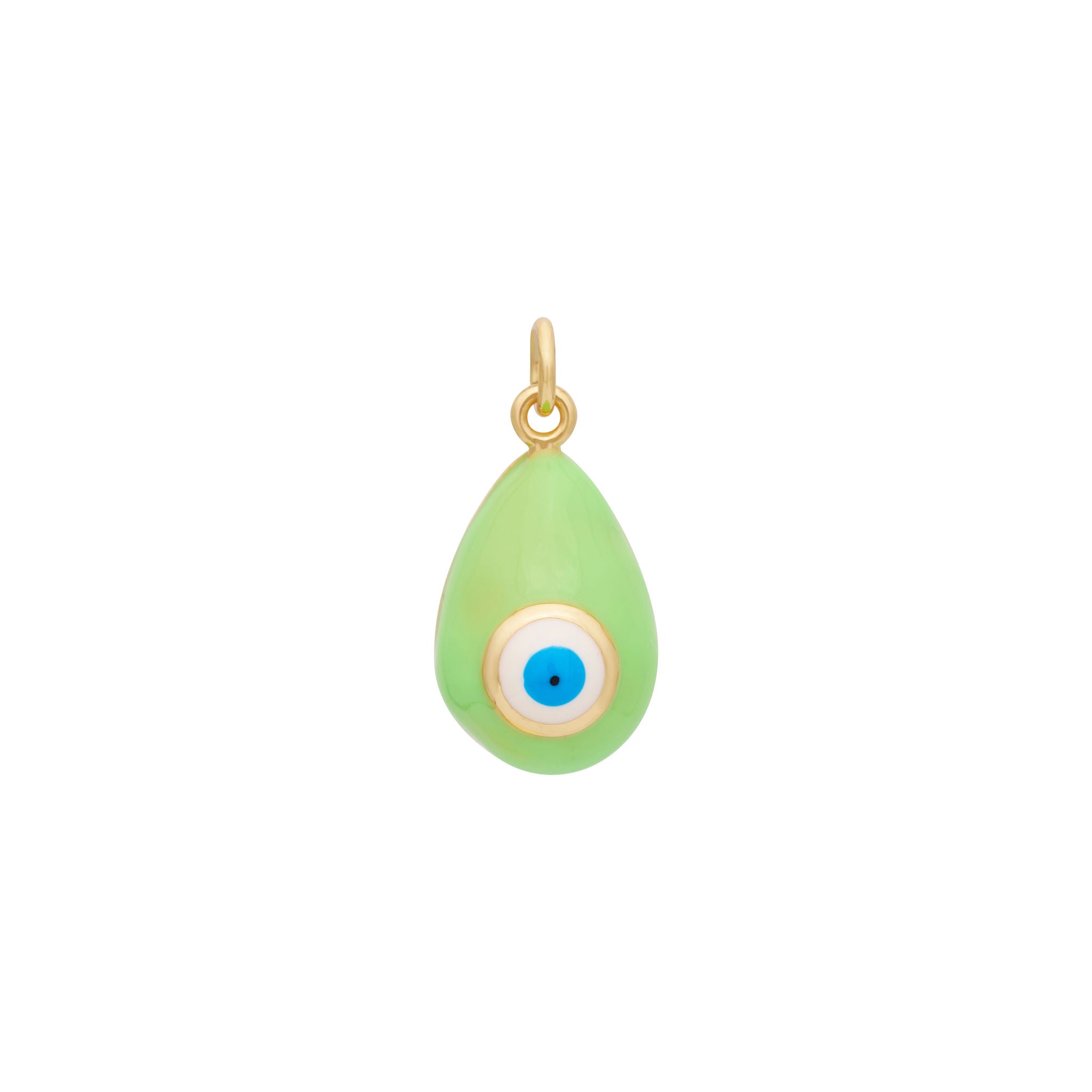 The Enamel Eye Charm - Gold by The Ends features a single, teardrop-shaped orange pendant with a small gold loop at the top. In the center of this stylish accessory is a circular blue and white eye design, beautifully resembling an evil eye motif. This piece adds a touch of mystique and elegance to any ensemble.