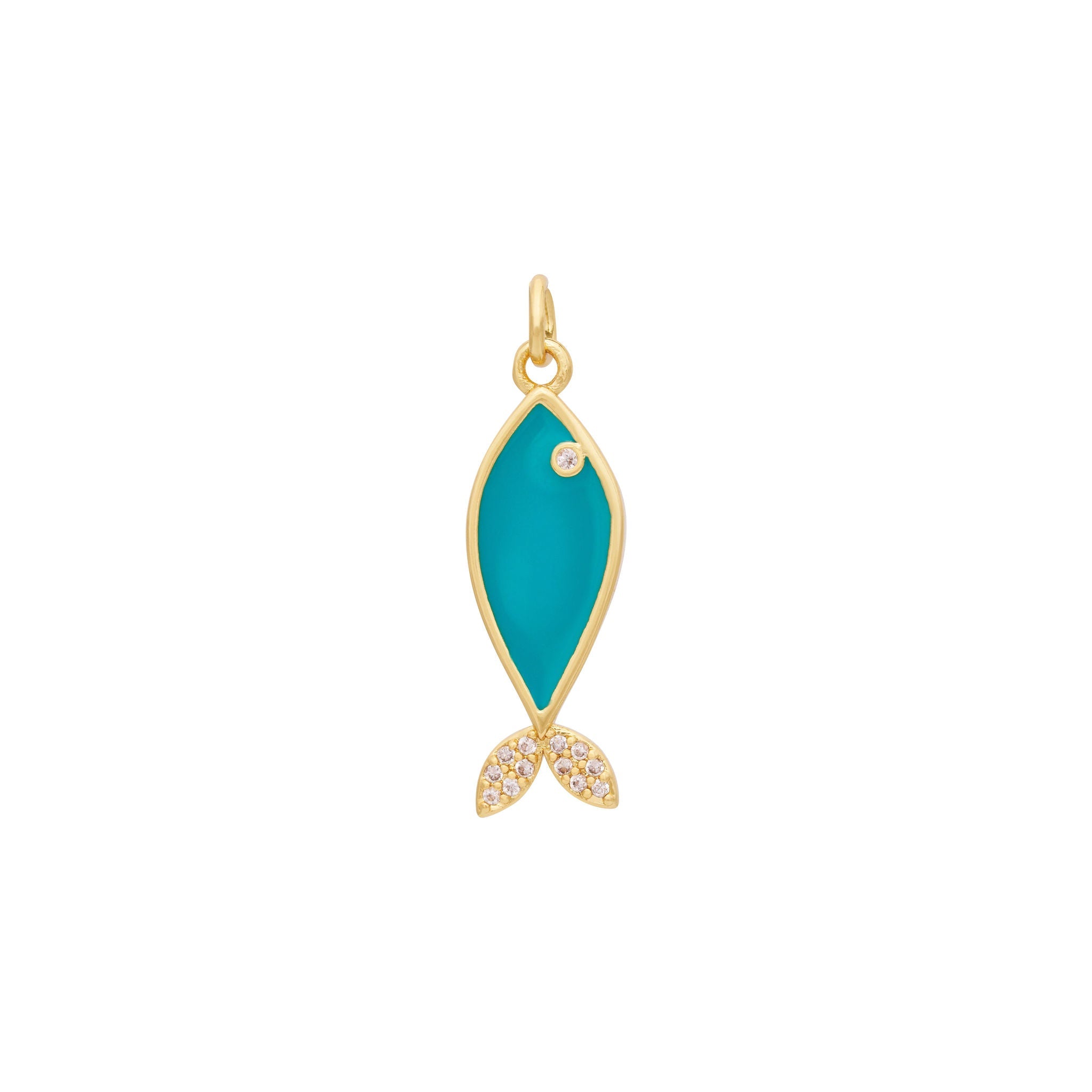The Ends' Enamel Fish Charm - Gold features a bright yellow enamel body and zircon-detailed eyes. The tail is adorned with small clear gemstones, and the piece measures 5/8" tall with a loop for attaching to a chain or bracelet.