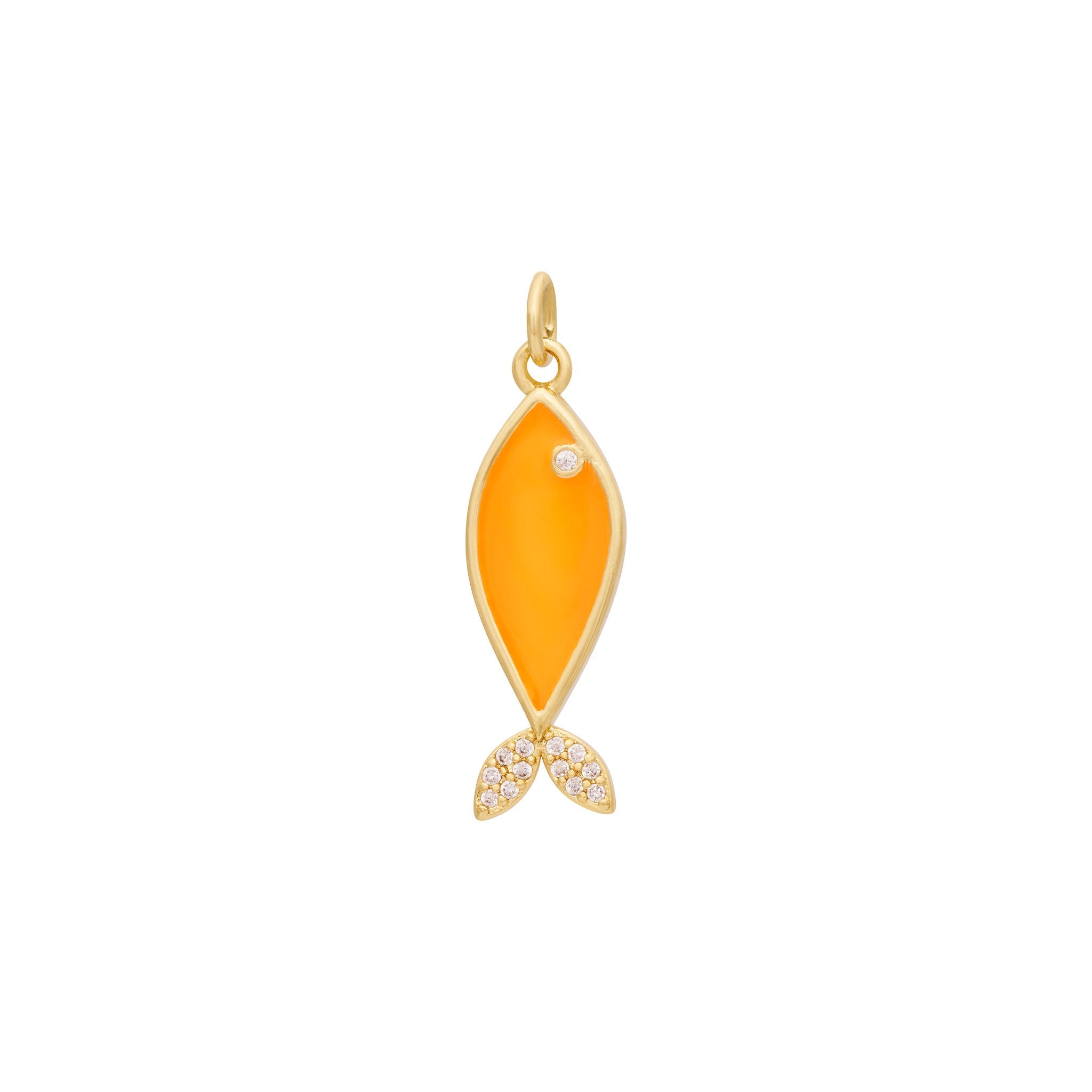 The Ends' Enamel Fish Charm - Gold features a bright yellow enamel body and zircon-detailed eyes. The tail is adorned with small clear gemstones, and the piece measures 5/8" tall with a loop for attaching to a chain or bracelet.