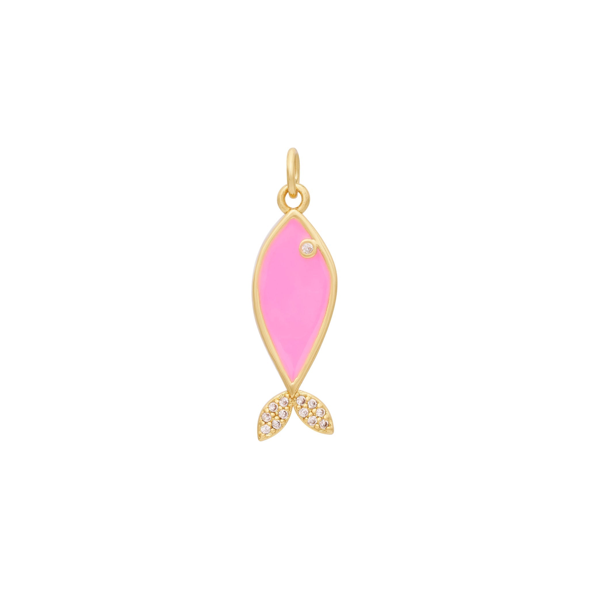 The Ends' Enamel Fish Charm - Gold features a bright yellow enamel body and zircon-detailed eyes. The tail is adorned with small clear gemstones, and the piece measures 5/8" tall with a loop for attaching to a chain or bracelet.