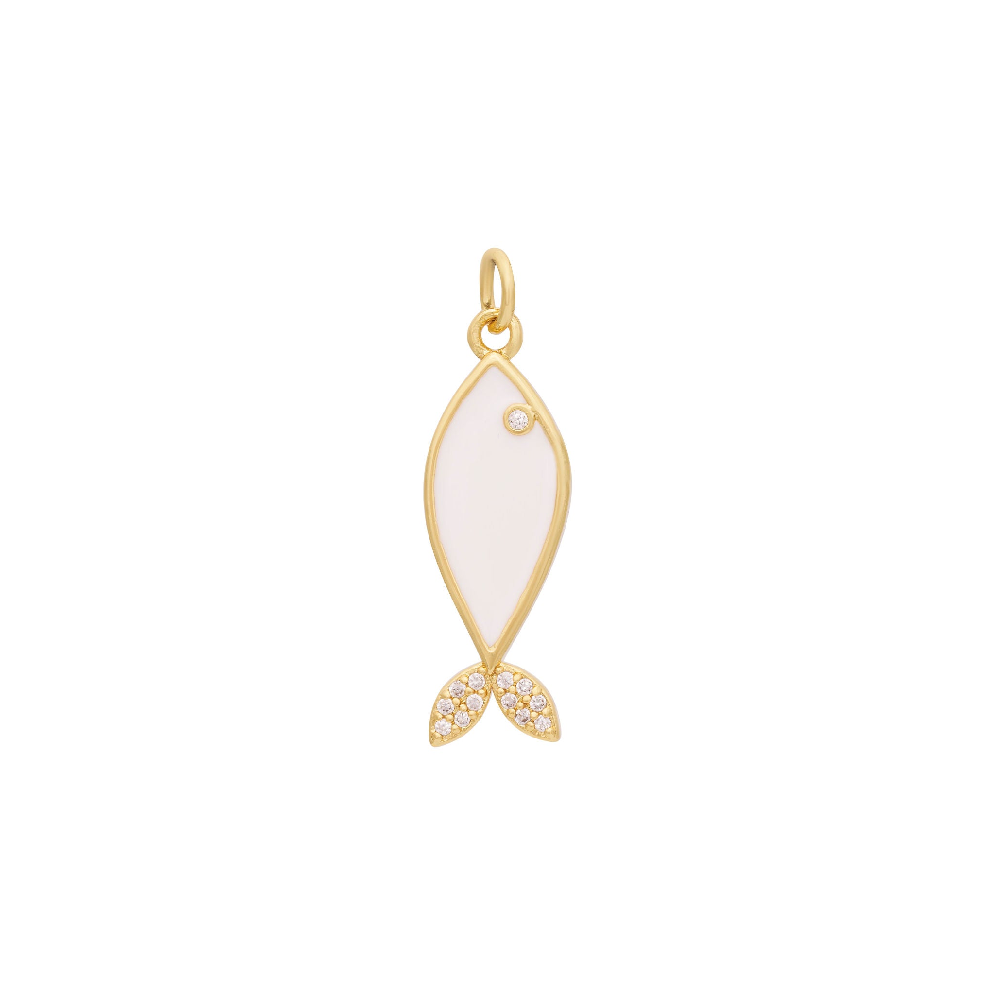 The Ends' Enamel Fish Charm - Gold features a bright yellow enamel body and zircon-detailed eyes. The tail is adorned with small clear gemstones, and the piece measures 5/8" tall with a loop for attaching to a chain or bracelet.