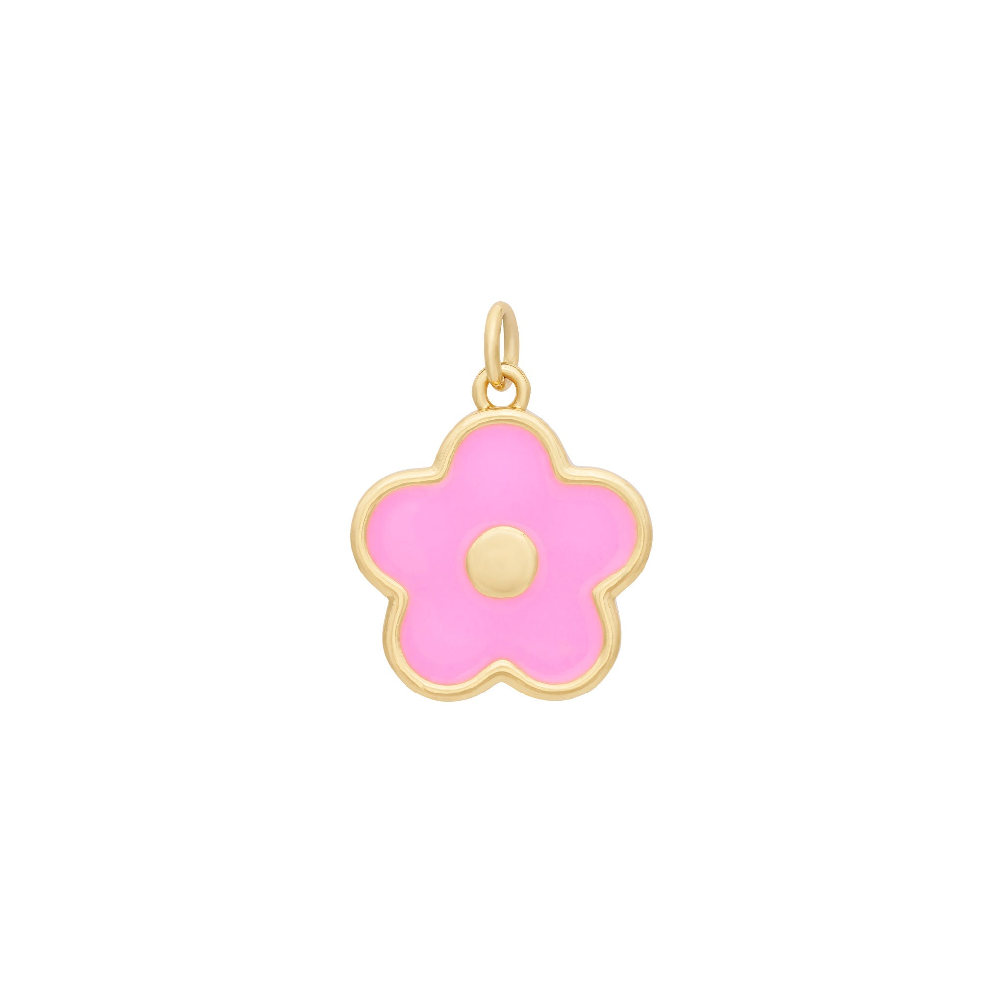 The Ends' Enamel Flower Charm - Gold beautifully showcases a timeless flower design with its pink enamel petals and gold circle at the center. Measuring 5/8" in diameter, this charm features a small gold loop at the top for easy attachment to a chain or bracelet. The plain white background highlights its classic elegance.