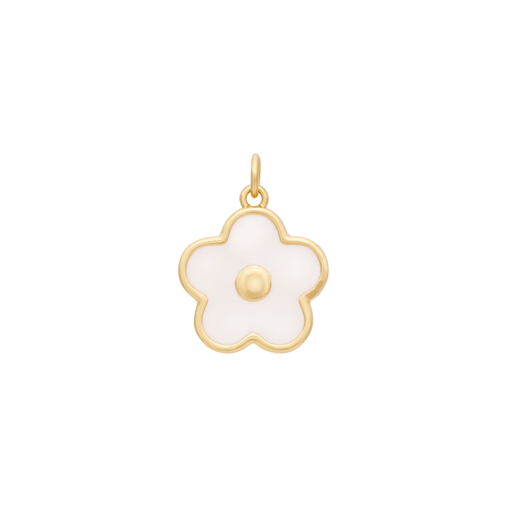 The Ends' Enamel Flower Charm - Gold beautifully showcases a timeless flower design with its pink enamel petals and gold circle at the center. Measuring 5/8" in diameter, this charm features a small gold loop at the top for easy attachment to a chain or bracelet. The plain white background highlights its classic elegance.