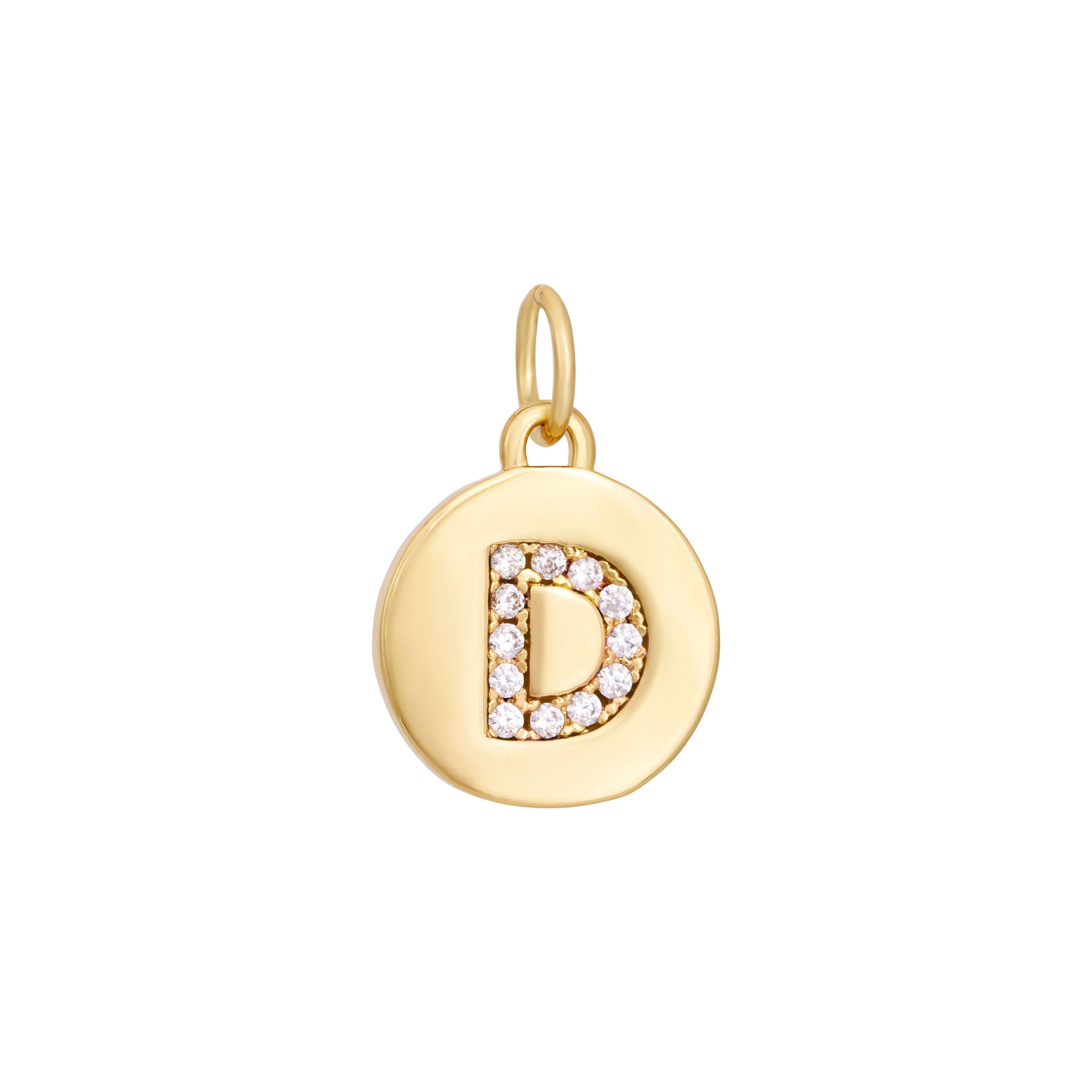 A polished gold "A" coin charm from The Ends' Zircon Letter Coin Charms A-Z collection, showcasing small sparkling diamonds arranged in the shape of the letter. The medallion-style pendant features a slightly rounded edge and is suspended from a loop.