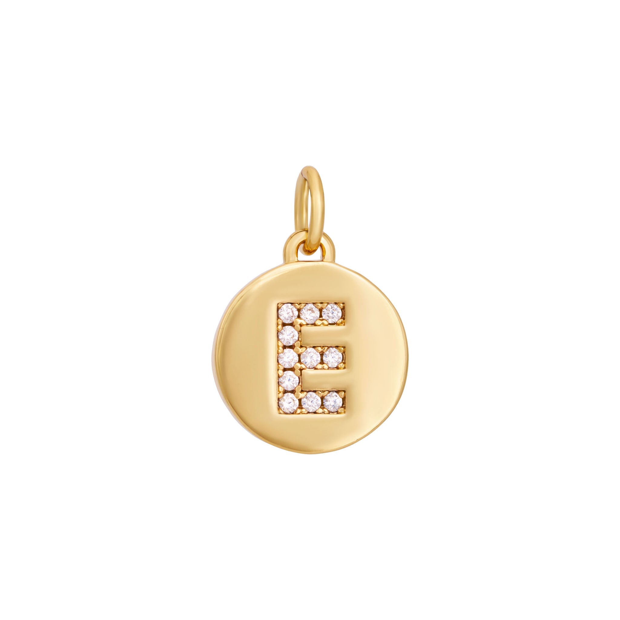 A polished gold "A" coin charm from The Ends' Zircon Letter Coin Charms A-Z collection, showcasing small sparkling diamonds arranged in the shape of the letter. The medallion-style pendant features a slightly rounded edge and is suspended from a loop.