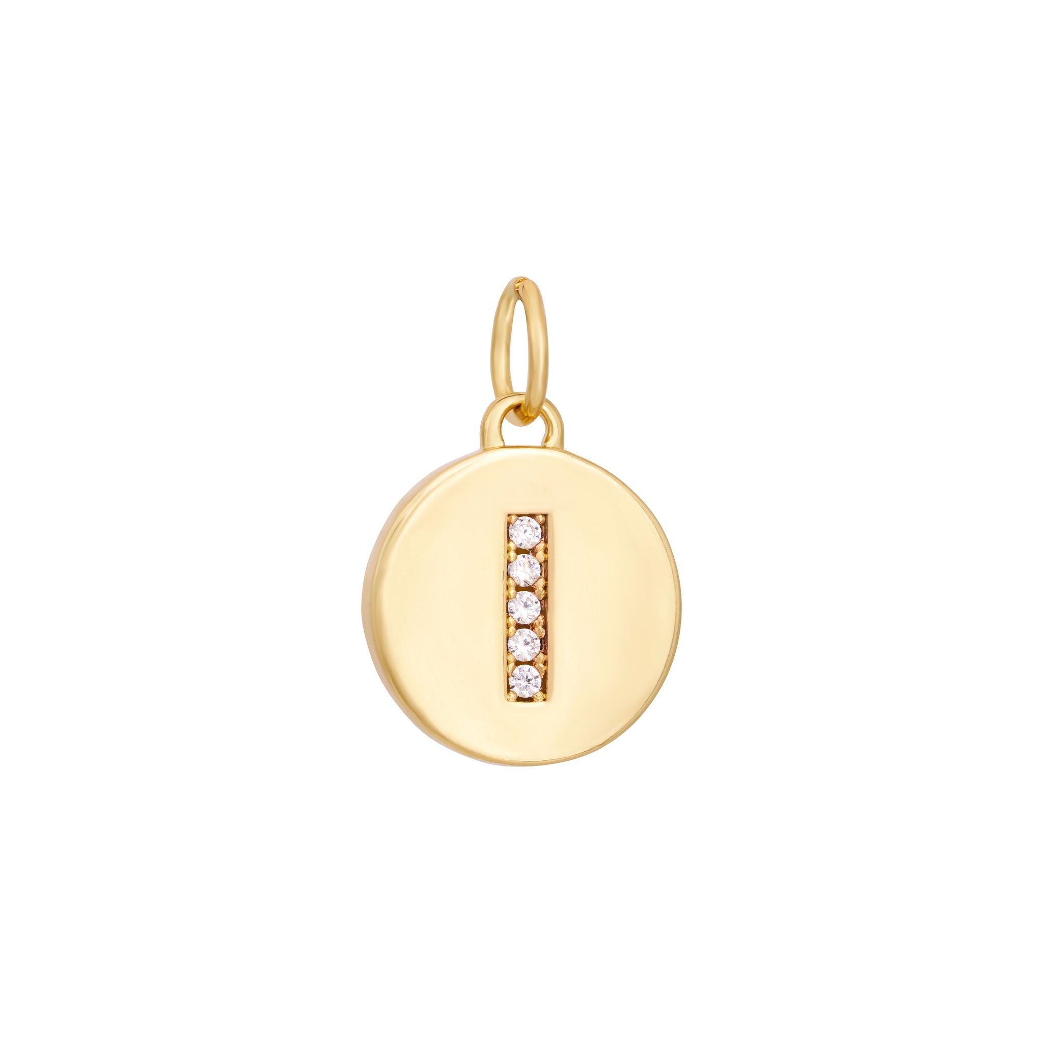 A polished gold "A" coin charm from The Ends' Zircon Letter Coin Charms A-Z collection, showcasing small sparkling diamonds arranged in the shape of the letter. The medallion-style pendant features a slightly rounded edge and is suspended from a loop.
