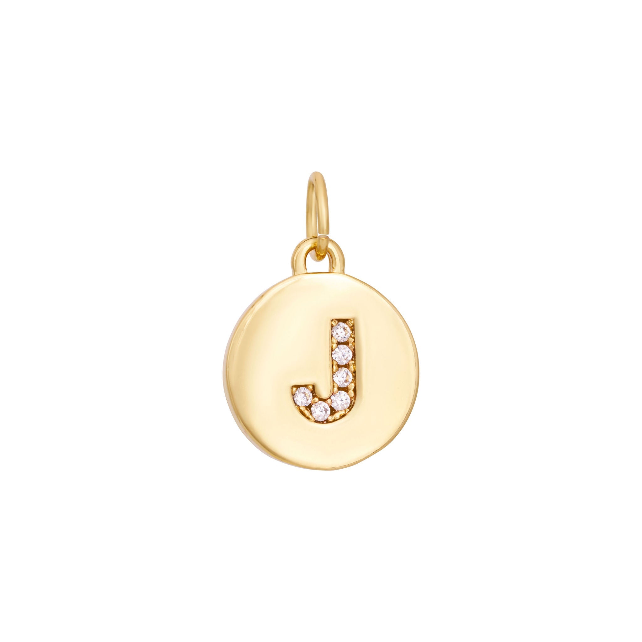 A polished gold "A" coin charm from The Ends' Zircon Letter Coin Charms A-Z collection, showcasing small sparkling diamonds arranged in the shape of the letter. The medallion-style pendant features a slightly rounded edge and is suspended from a loop.