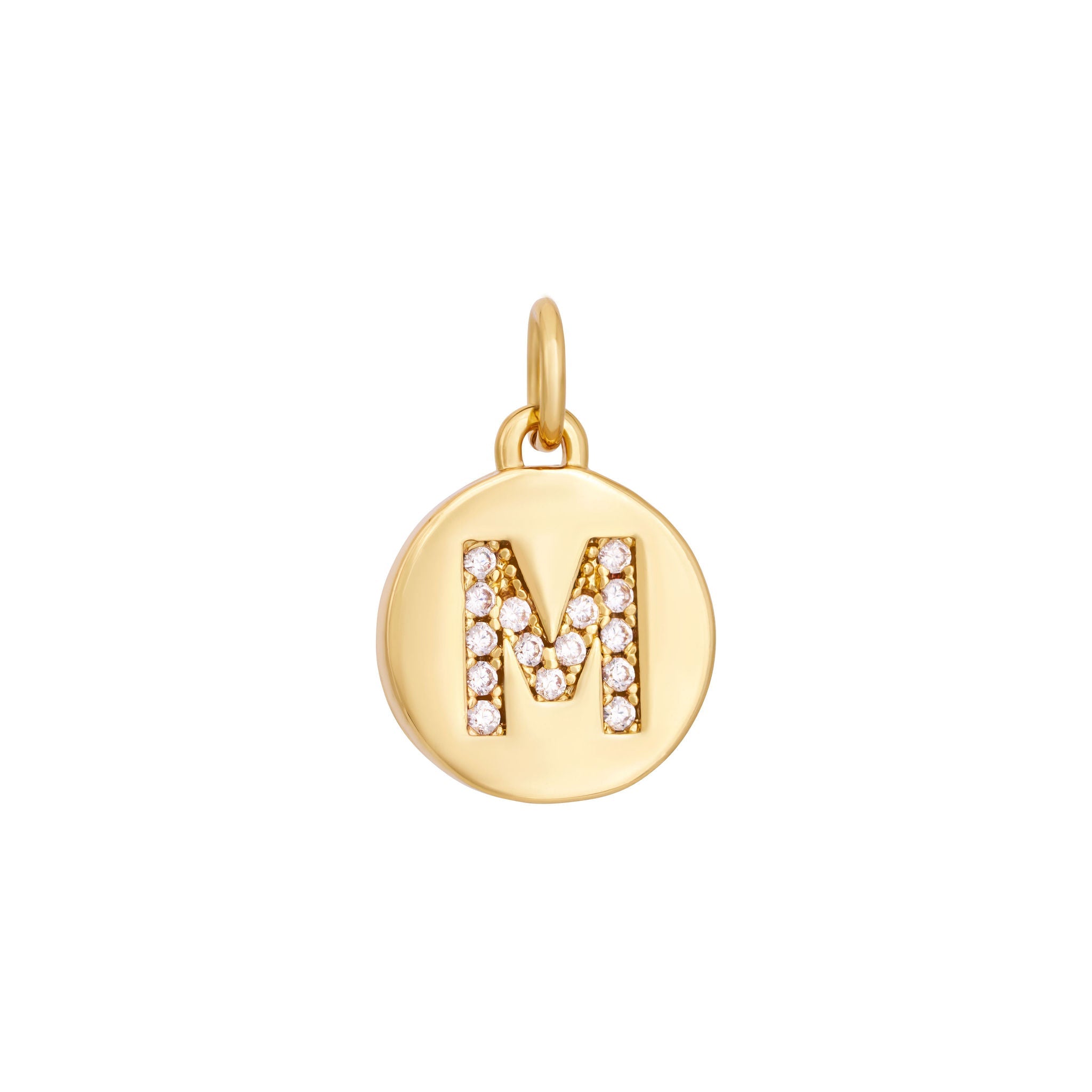 A polished gold "A" coin charm from The Ends' Zircon Letter Coin Charms A-Z collection, showcasing small sparkling diamonds arranged in the shape of the letter. The medallion-style pendant features a slightly rounded edge and is suspended from a loop.