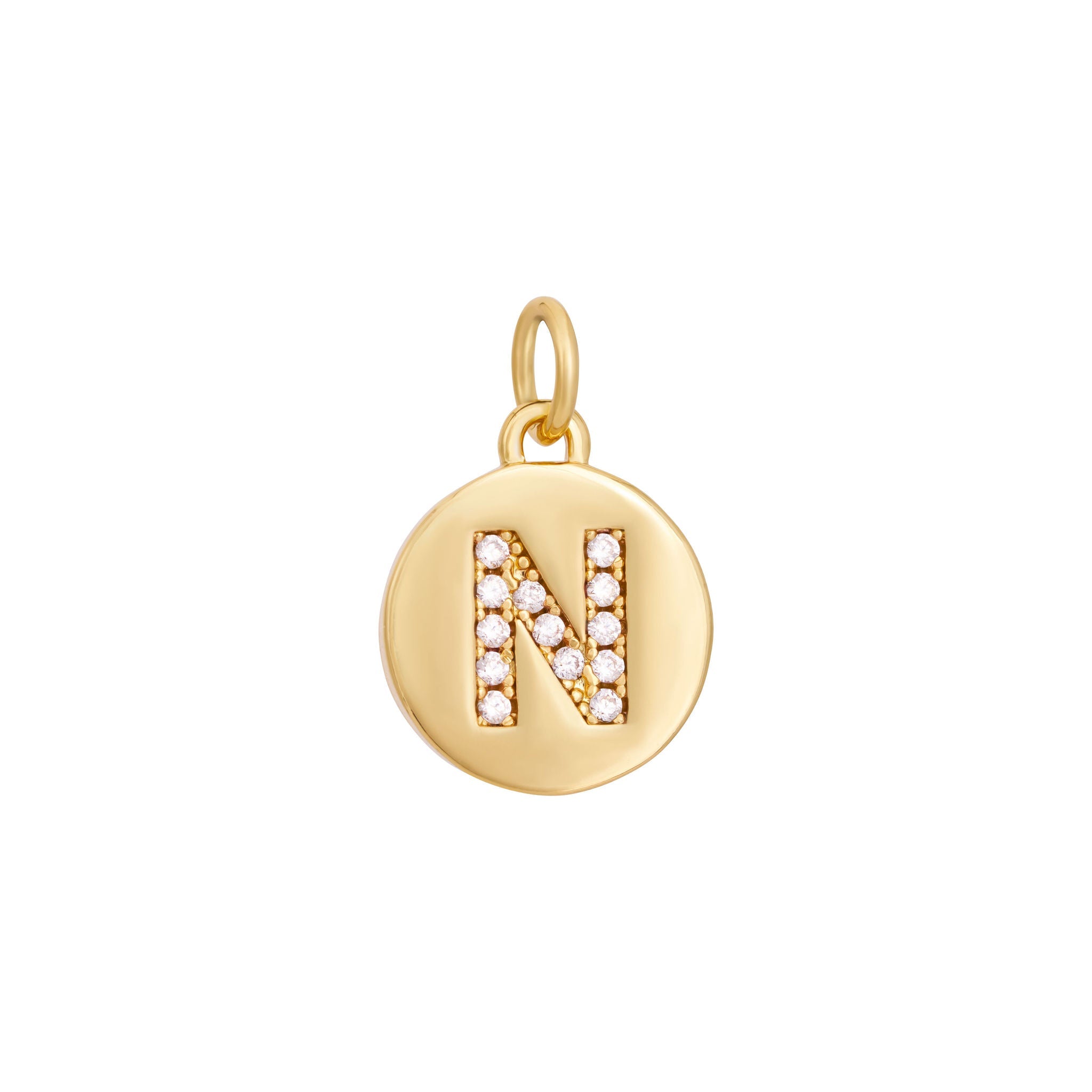 A polished gold "A" coin charm from The Ends' Zircon Letter Coin Charms A-Z collection, showcasing small sparkling diamonds arranged in the shape of the letter. The medallion-style pendant features a slightly rounded edge and is suspended from a loop.