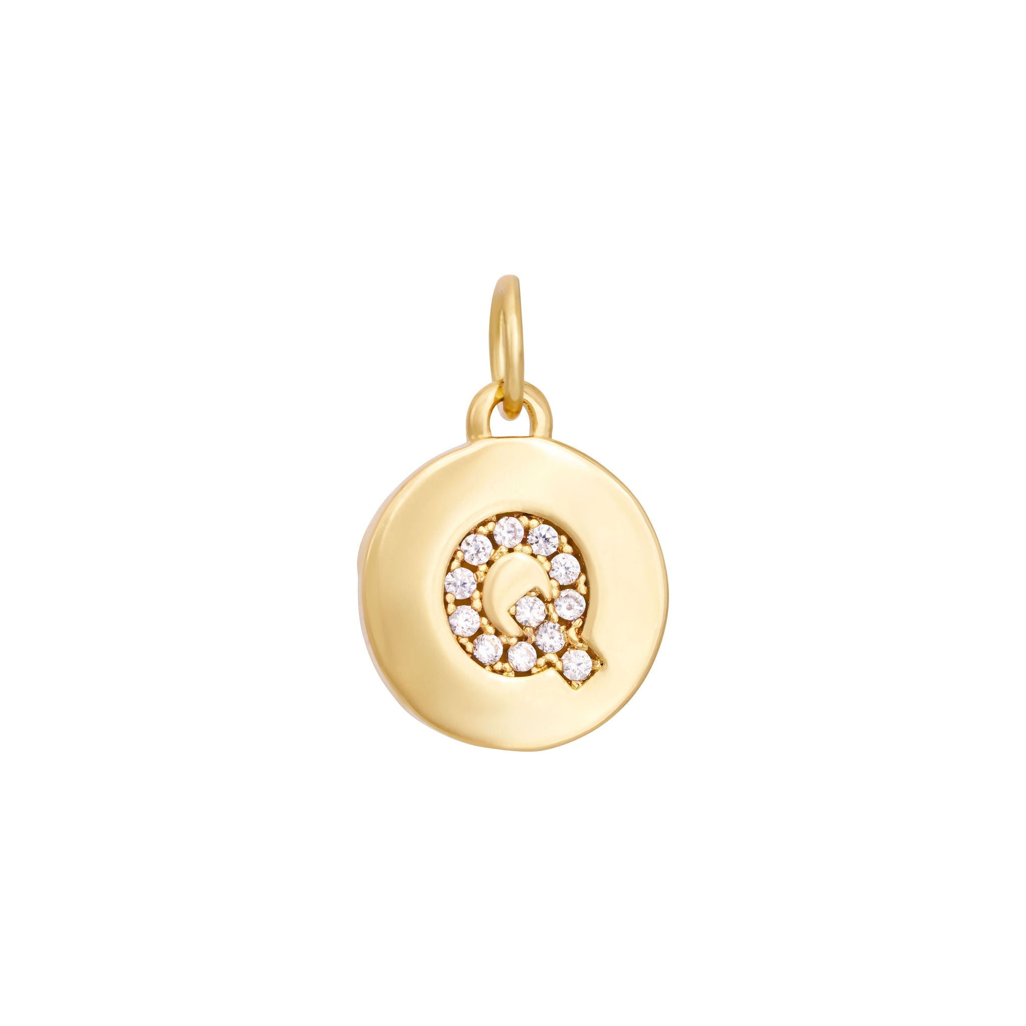 A polished gold "A" coin charm from The Ends' Zircon Letter Coin Charms A-Z collection, showcasing small sparkling diamonds arranged in the shape of the letter. The medallion-style pendant features a slightly rounded edge and is suspended from a loop.