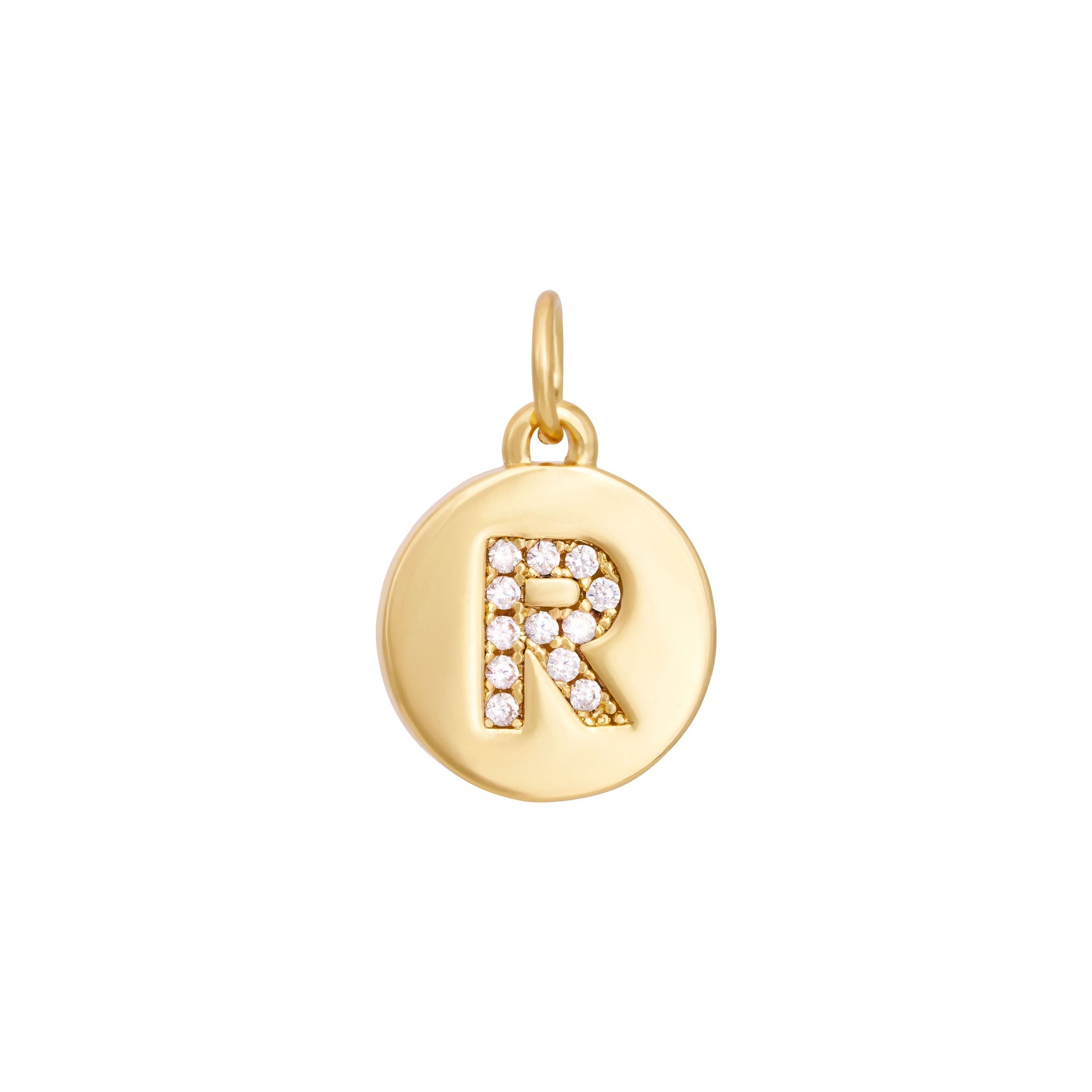 A polished gold "A" coin charm from The Ends' Zircon Letter Coin Charms A-Z collection, showcasing small sparkling diamonds arranged in the shape of the letter. The medallion-style pendant features a slightly rounded edge and is suspended from a loop.
