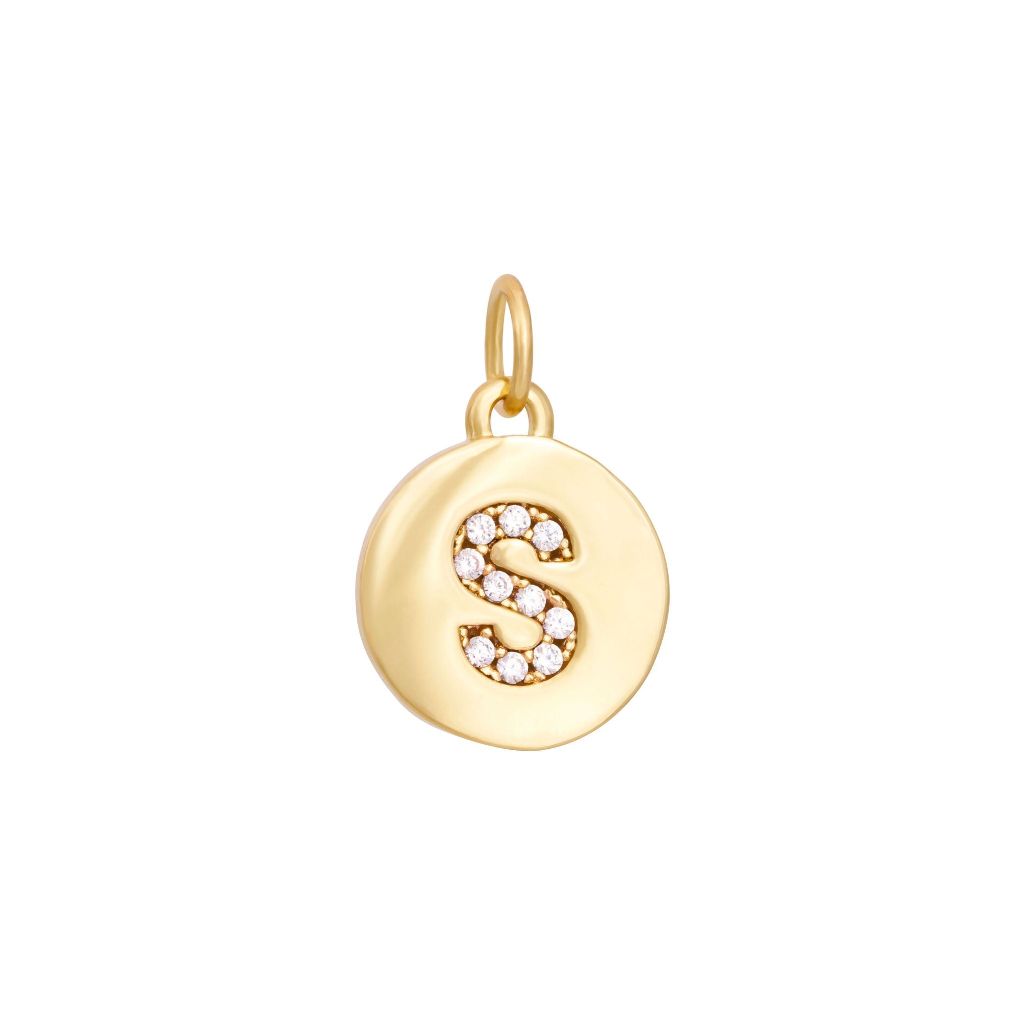 A polished gold "A" coin charm from The Ends' Zircon Letter Coin Charms A-Z collection, showcasing small sparkling diamonds arranged in the shape of the letter. The medallion-style pendant features a slightly rounded edge and is suspended from a loop.