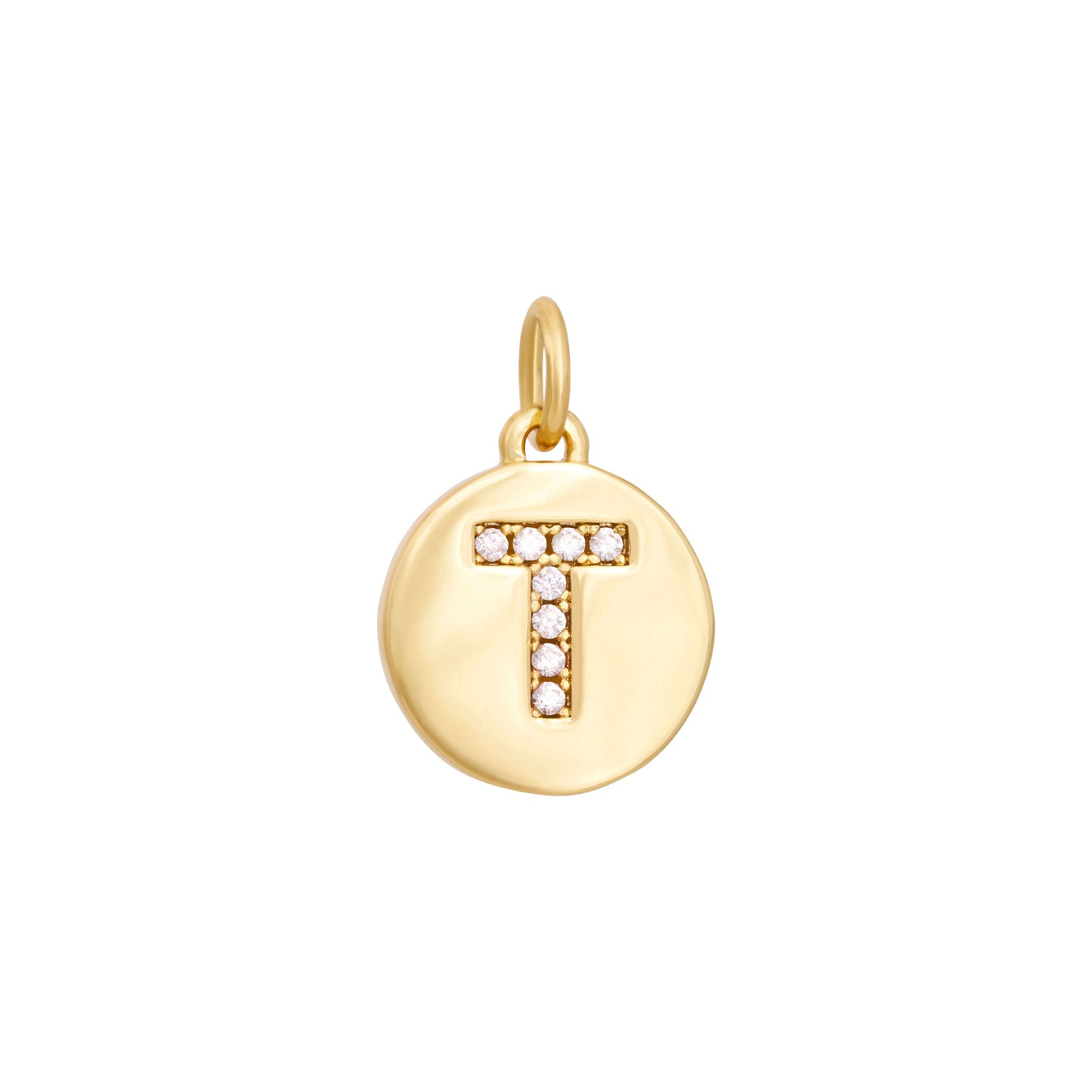 A polished gold "A" coin charm from The Ends' Zircon Letter Coin Charms A-Z collection, showcasing small sparkling diamonds arranged in the shape of the letter. The medallion-style pendant features a slightly rounded edge and is suspended from a loop.