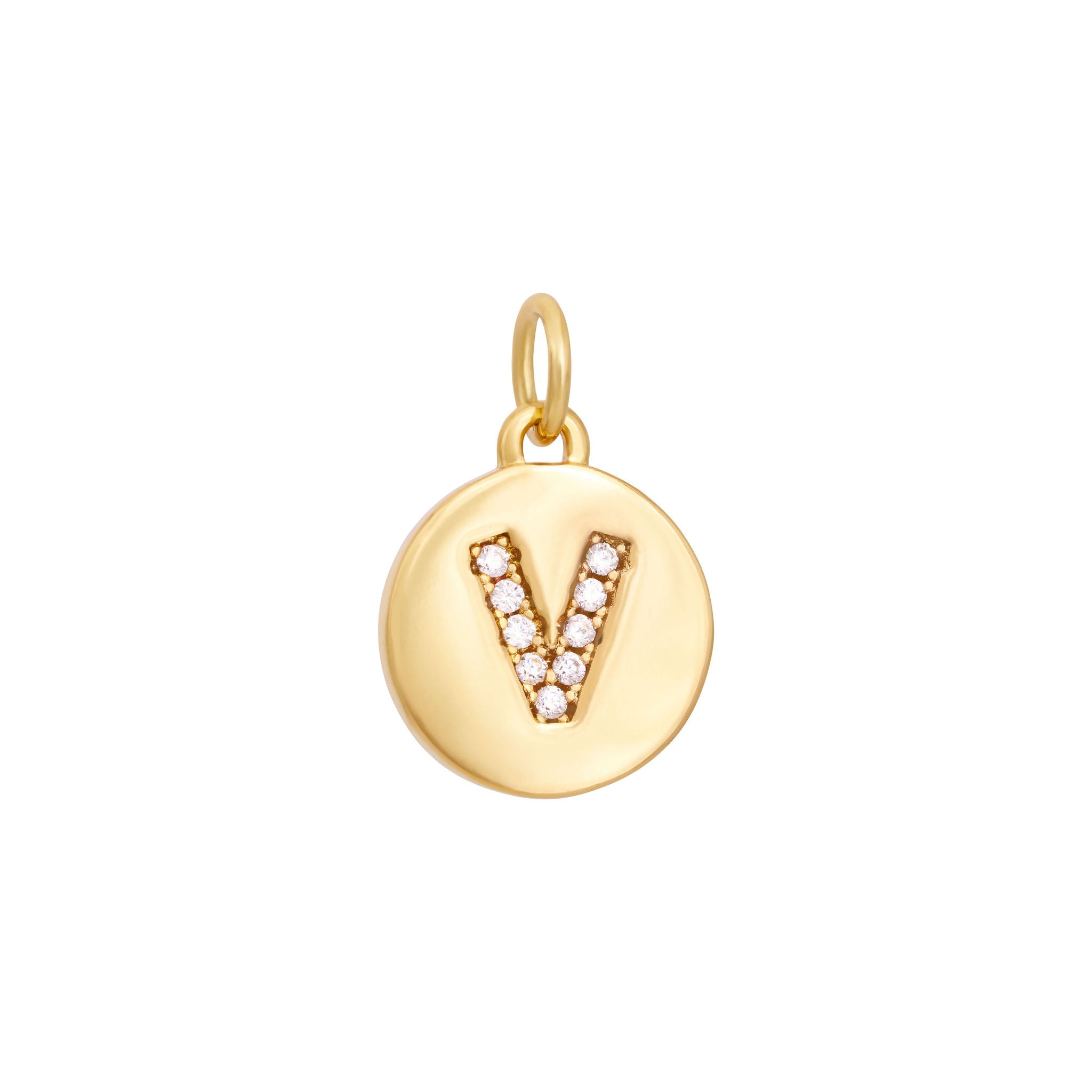 A polished gold "A" coin charm from The Ends' Zircon Letter Coin Charms A-Z collection, showcasing small sparkling diamonds arranged in the shape of the letter. The medallion-style pendant features a slightly rounded edge and is suspended from a loop.