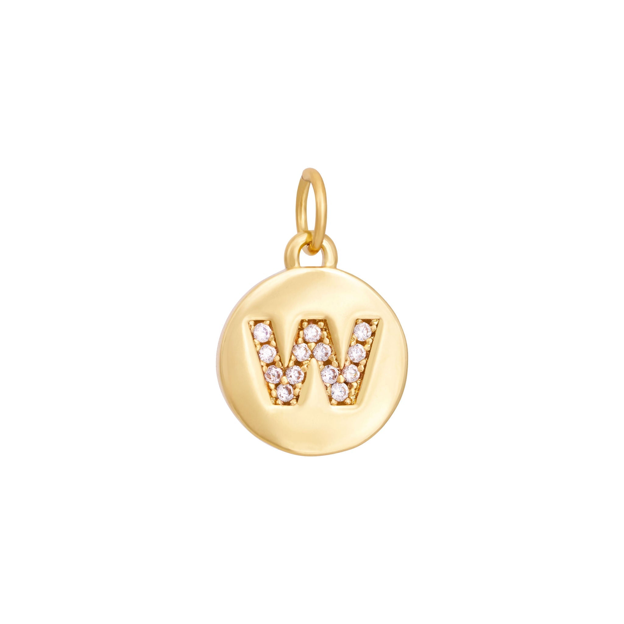 A polished gold "A" coin charm from The Ends' Zircon Letter Coin Charms A-Z collection, showcasing small sparkling diamonds arranged in the shape of the letter. The medallion-style pendant features a slightly rounded edge and is suspended from a loop.
