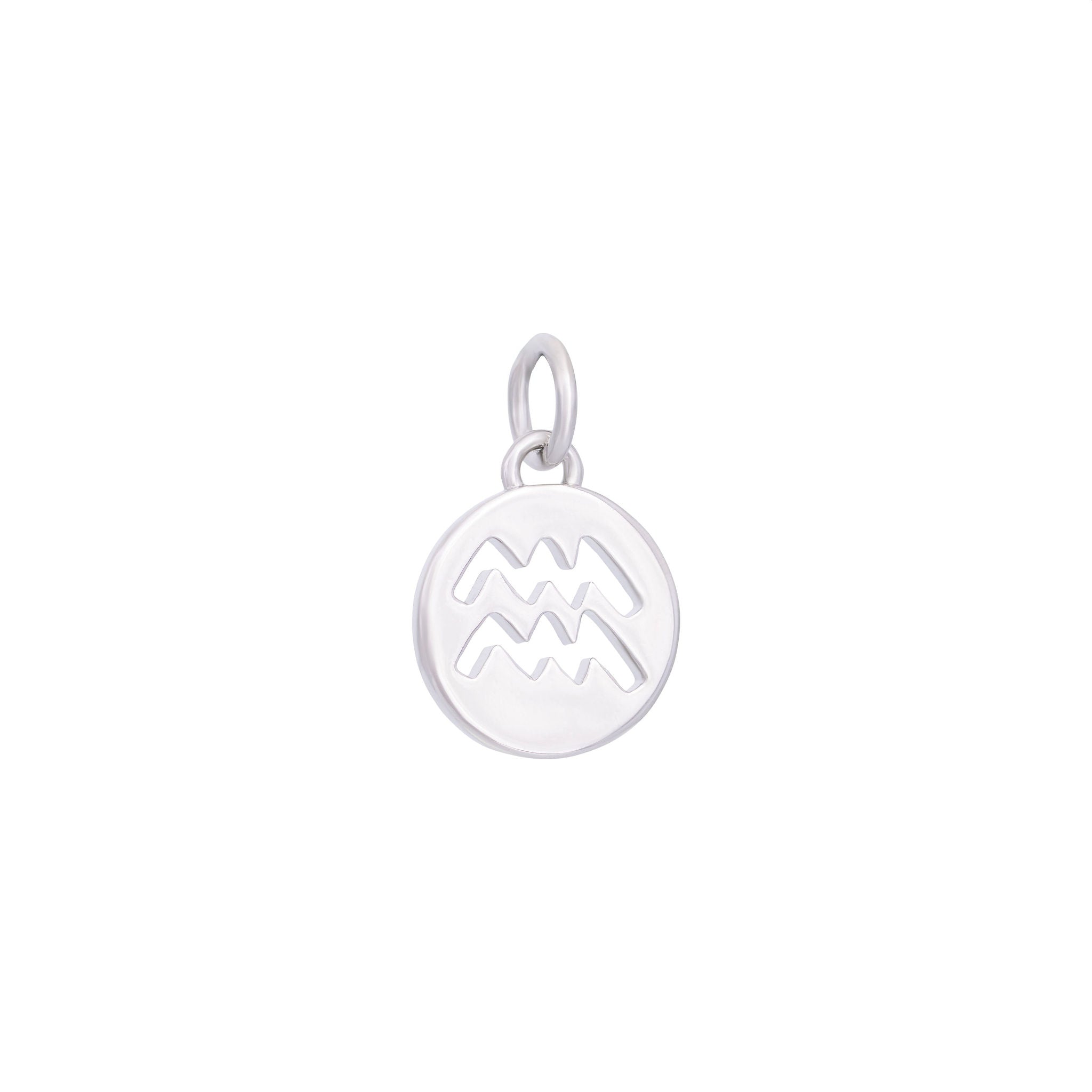 Presenting The Ends' Aquarius Charm - Silver: a beautifully crafted circular pendant featuring the iconic Aquarius symbol of two wavy horizontal lines etched at the center. This piece, part of our curated collection, includes a small loop at the top perfect for attaching to your favorite chain or bracelet, making it an elegant choice for those looking to go beyond standard charms.