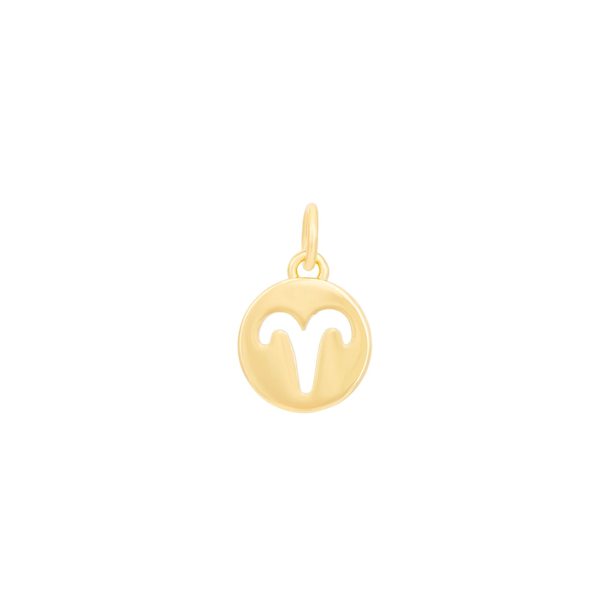 The Ends' Aries Charm - Gold features the Aries zodiac symbol centered within a circular design, with a small loop at the top for attaching to a necklace or bracelet. The modern white background offers a fresh twist, perfect for kick-starting any collection beyond standard charms.