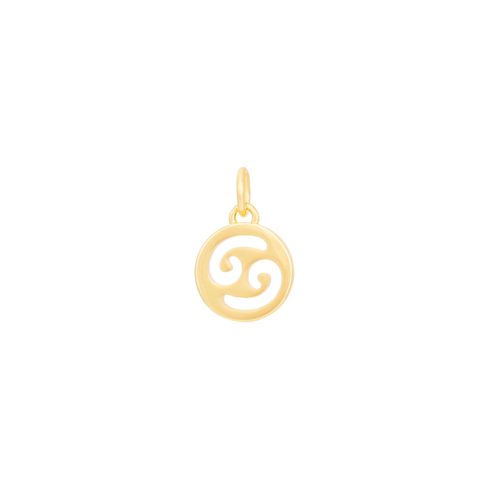 The Ends' Cancer Charm - Gold is a small, round pendant adorned with the Cancer zodiac symbol—two curved lines forming a shape resembling the number 69—etched in its center. Ideal for enhancing your curated collection of standard charms, this elegant piece includes a loop at the top for easy attachment to a chain.