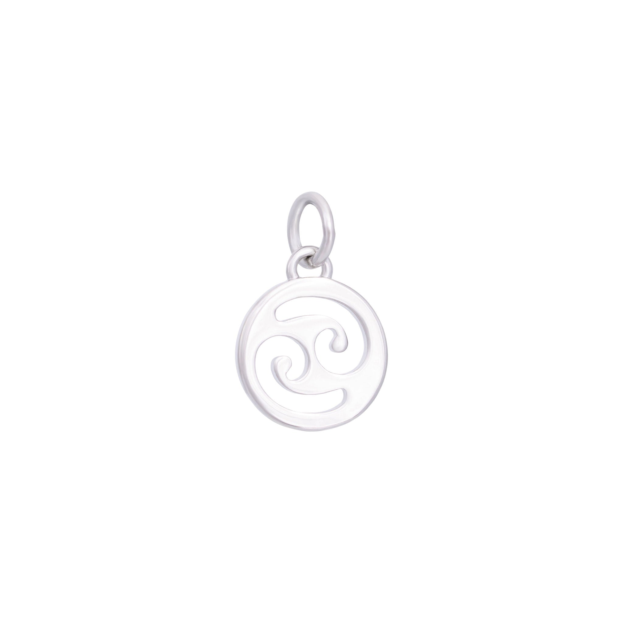 The Cancer Charm - Silver by The Ends is a silver pendant that showcases a circular design with two mirrored, stylized wave-like shapes. It features a small loop at the top, allowing for easy attachment to a chain or bracelet. Simple and elegant, this piece is sure to elevate any curated collection of standard charms.