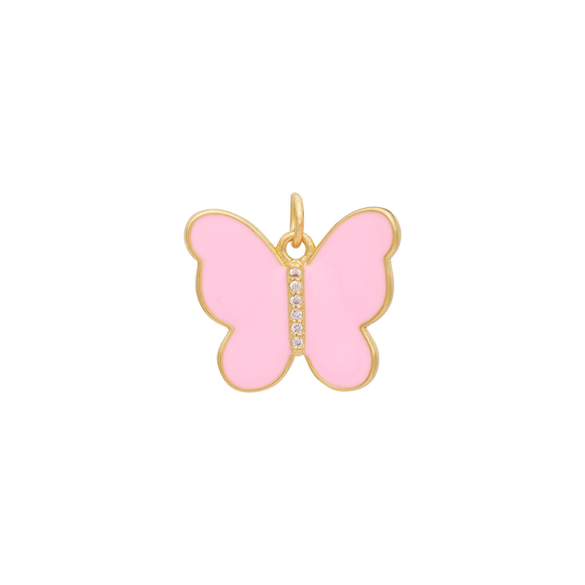 Introducing the Enamel Butterfly Charm by The Ends in stunning pink, featuring a gold border and light pink wings. At its center, a vertical row of small, sparkling zircon stones adds a touch of elegance. Complete with a small gold ring at the top for easy attachment to chains or bracelets, this charm stands out as one of the most refined options available.