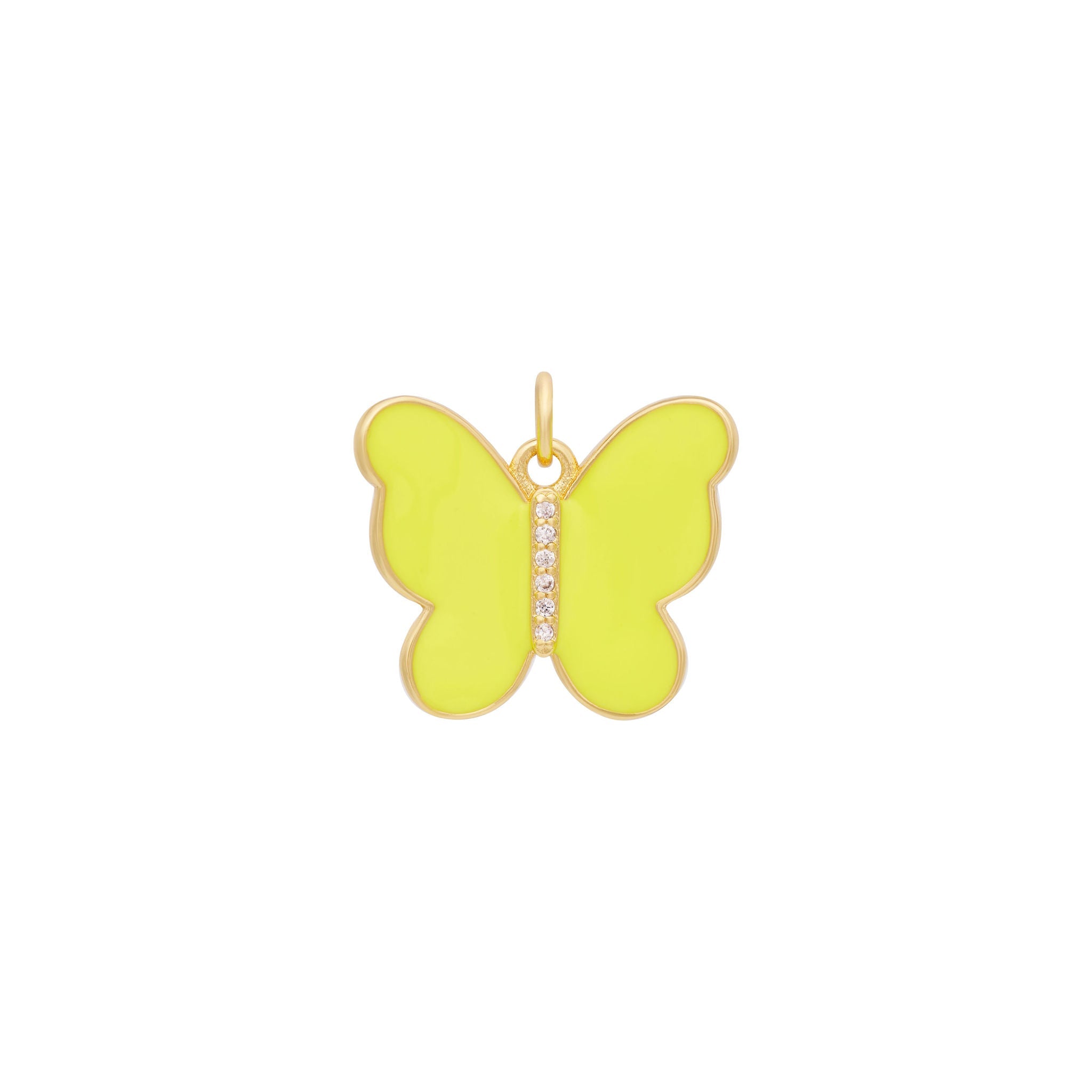 Introducing the Enamel Butterfly Charm by The Ends in stunning pink, featuring a gold border and light pink wings. At its center, a vertical row of small, sparkling zircon stones adds a touch of elegance. Complete with a small gold ring at the top for easy attachment to chains or bracelets, this charm stands out as one of the most refined options available.