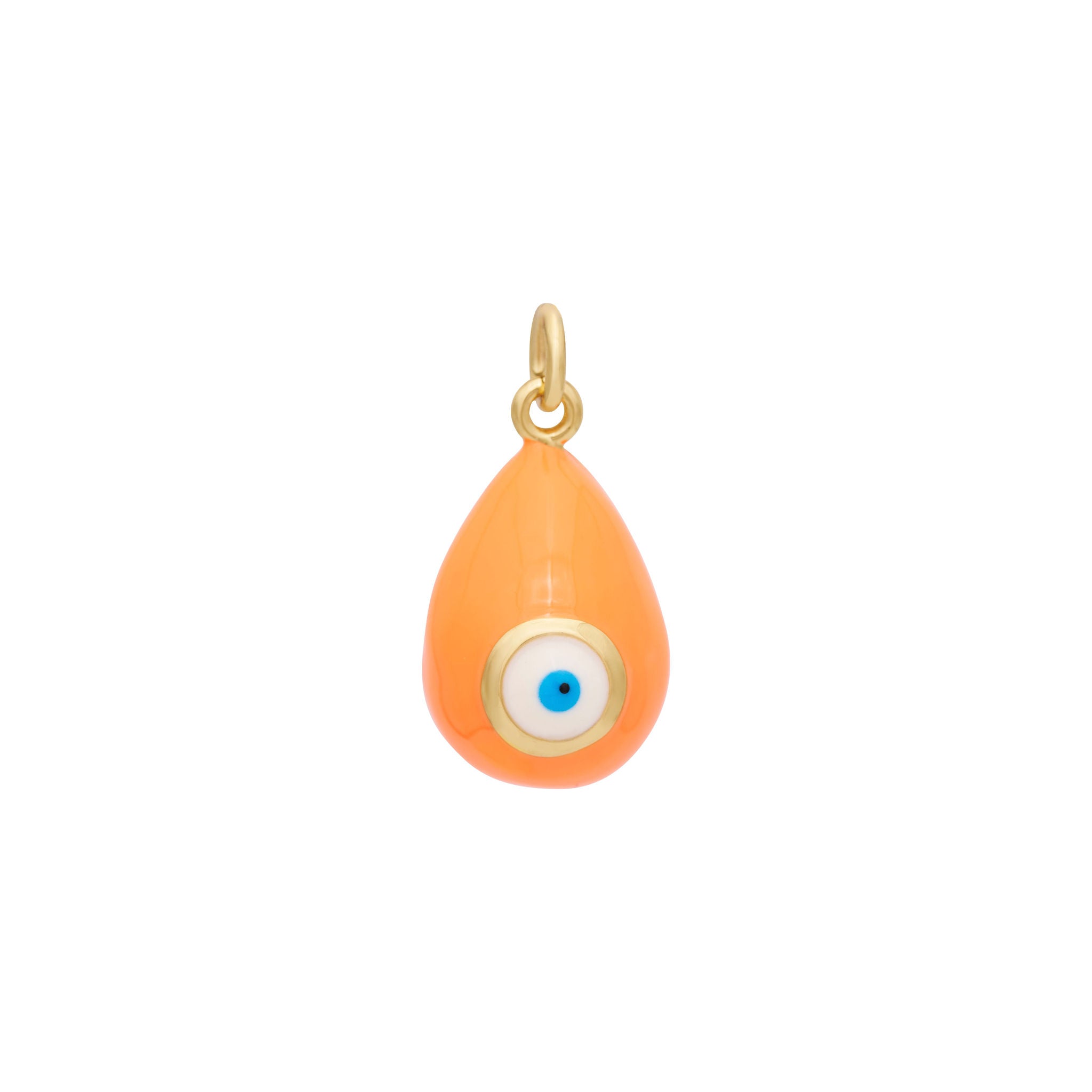 The Enamel Eye Charm - Gold by The Ends features a single, teardrop-shaped orange pendant with a small gold loop at the top. In the center of this stylish accessory is a circular blue and white eye design, beautifully resembling an evil eye motif. This piece adds a touch of mystique and elegance to any ensemble.