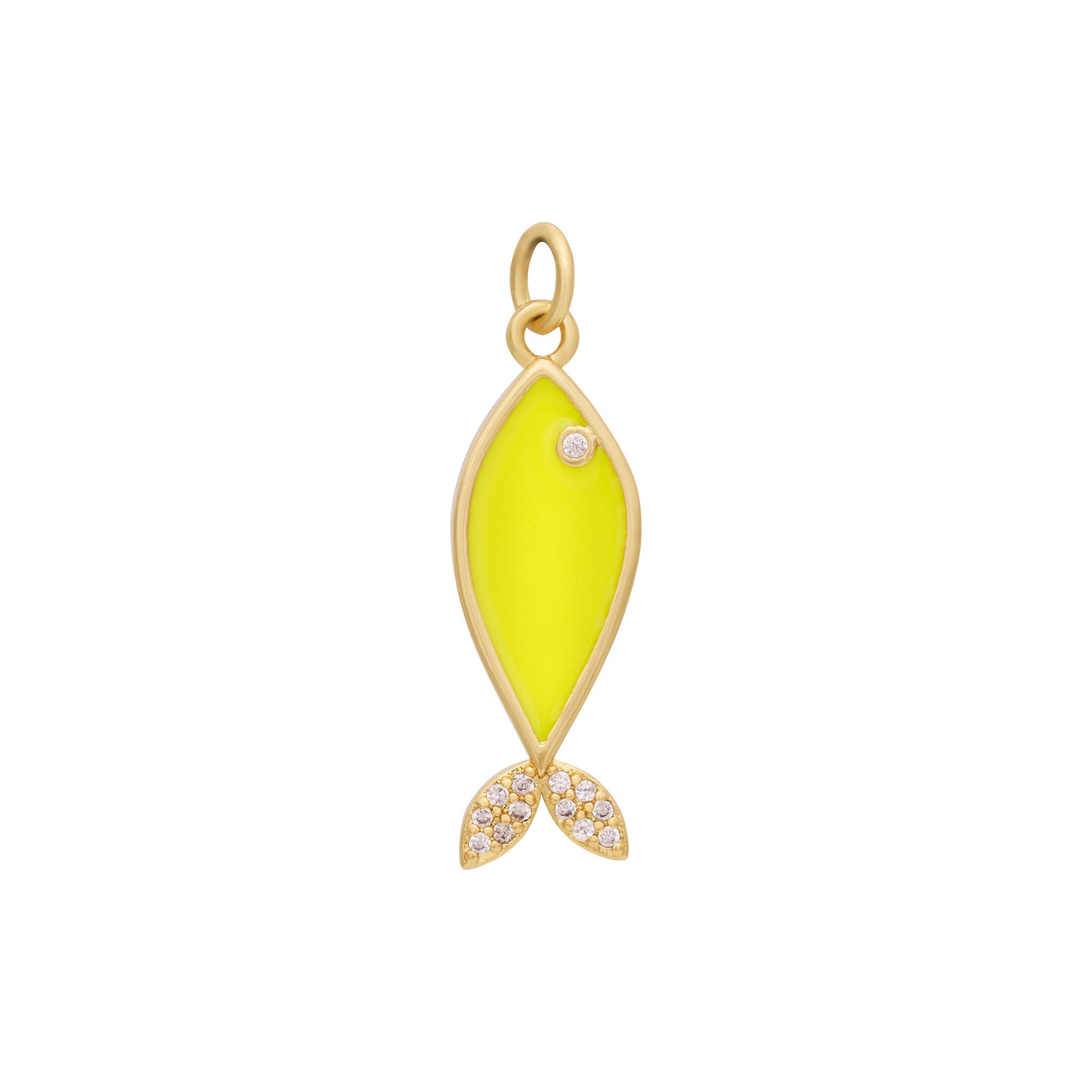 The Ends' Enamel Fish Charm - Gold features a bright yellow enamel body and zircon-detailed eyes. The tail is adorned with small clear gemstones, and the piece measures 5/8" tall with a loop for attaching to a chain or bracelet.