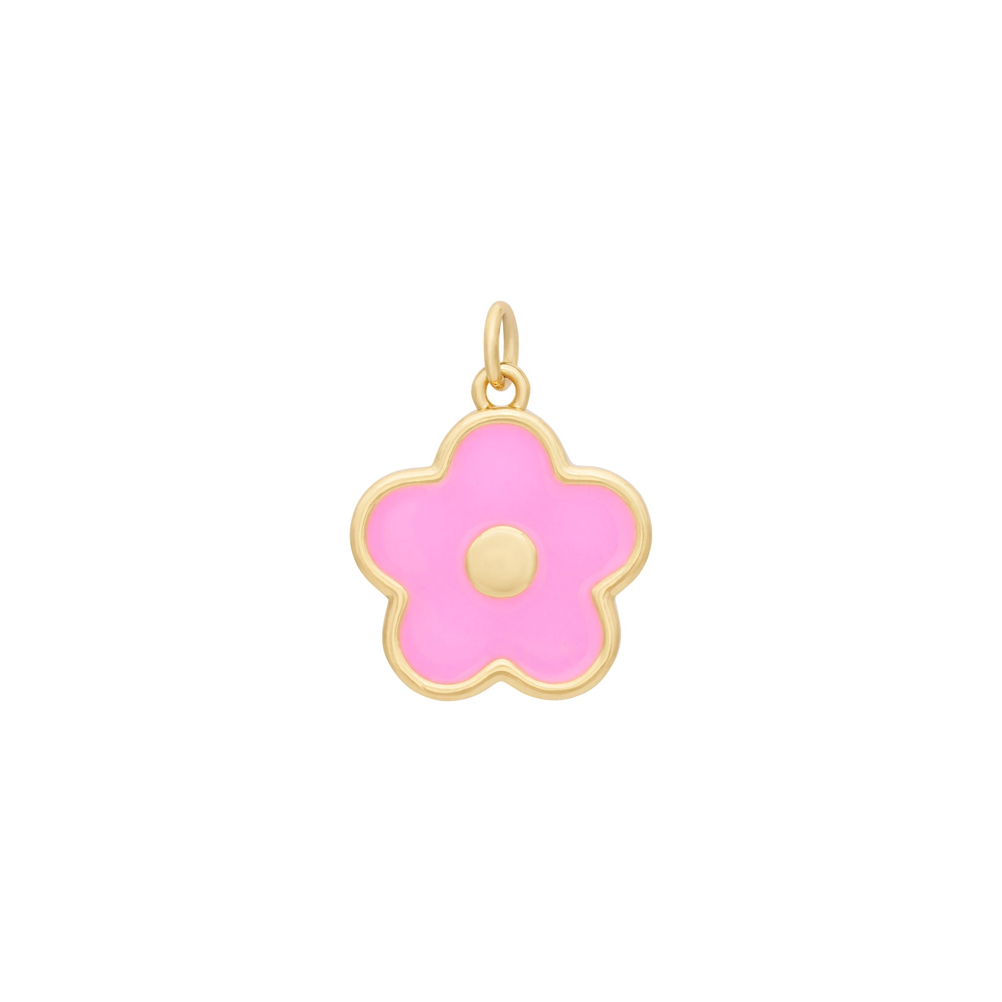 The Ends' Enamel Flower Charm - Gold beautifully showcases a timeless flower design with its pink enamel petals and gold circle at the center. Measuring 5/8" in diameter, this charm features a small gold loop at the top for easy attachment to a chain or bracelet. The plain white background highlights its classic elegance.