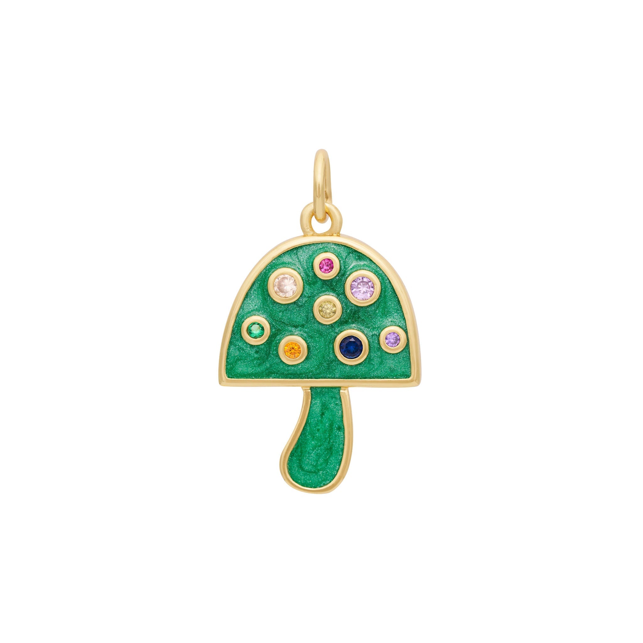 The Enamel Mushroom Charm - Gold by The Ends is a charming accessory featuring colorful gemstones in various sizes on the cap. The mushroom’s body and stem are gold, accentuated with a touch of pastel pink. This delightful charm also includes a circular loop at the top, allowing you to attach it to The Ends with ease.