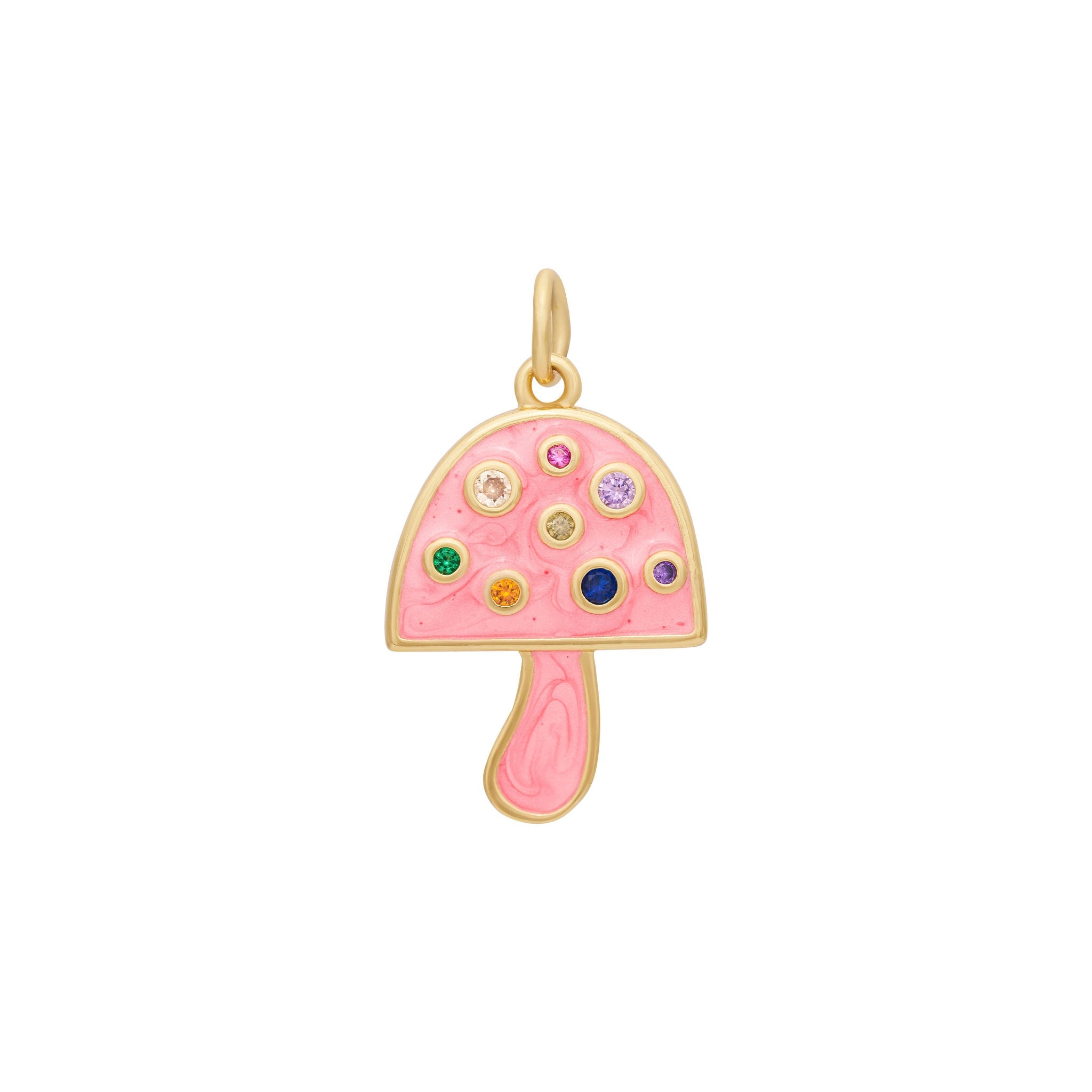 The Enamel Mushroom Charm - Gold by The Ends is a charming accessory featuring colorful gemstones in various sizes on the cap. The mushroom’s body and stem are gold, accentuated with a touch of pastel pink. This delightful charm also includes a circular loop at the top, allowing you to attach it to any The Ends with ease.