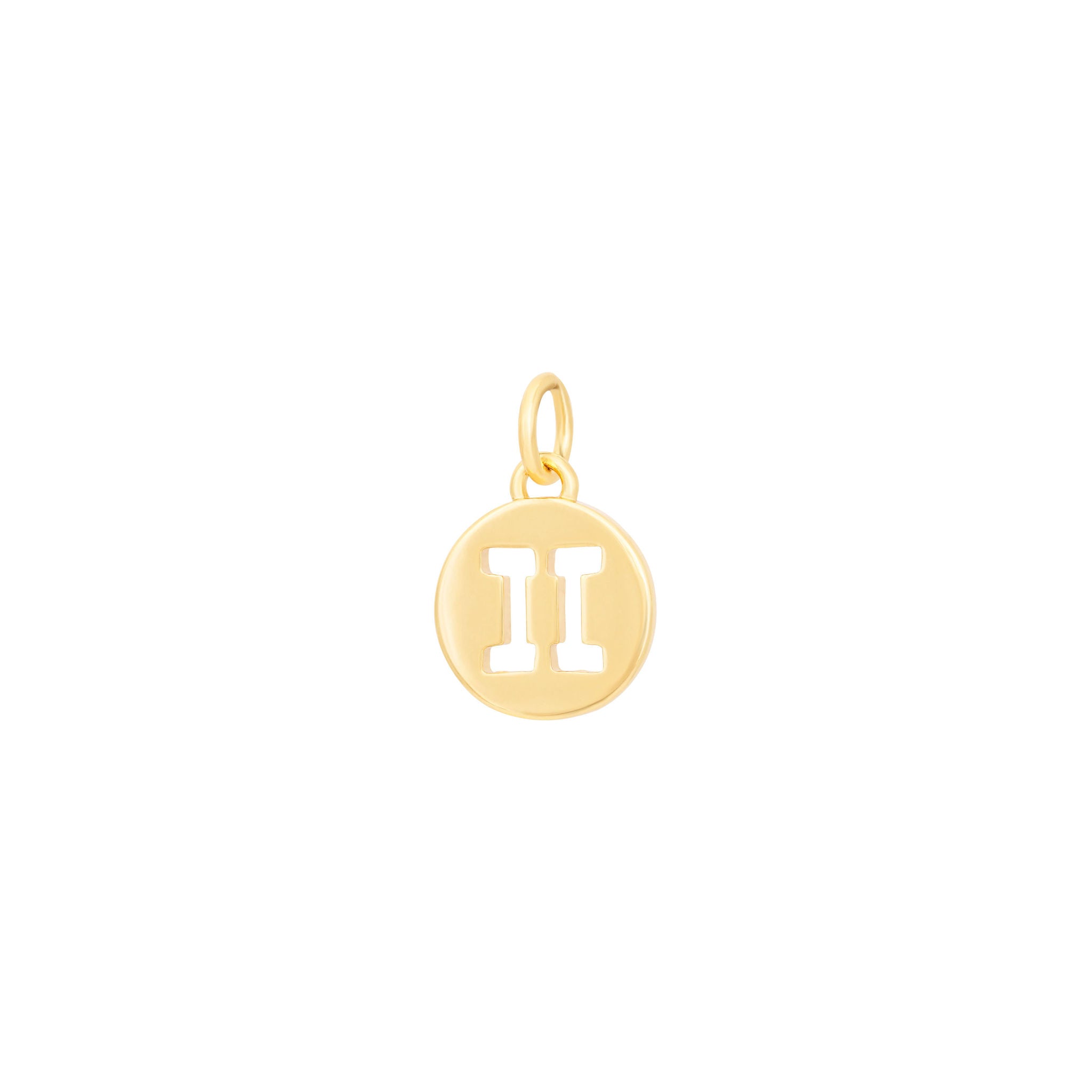 Introducing the Gemini Charm - Gold by The Ends: a sophisticated round pendant adorned with a cut-out design of the Gemini zodiac sign, characterized by two parallel vertical lines interconnected by two horizontal lines. This elegant piece features a small loop at the top for easy attachment to a chain or bracelet, set against a plain white background.