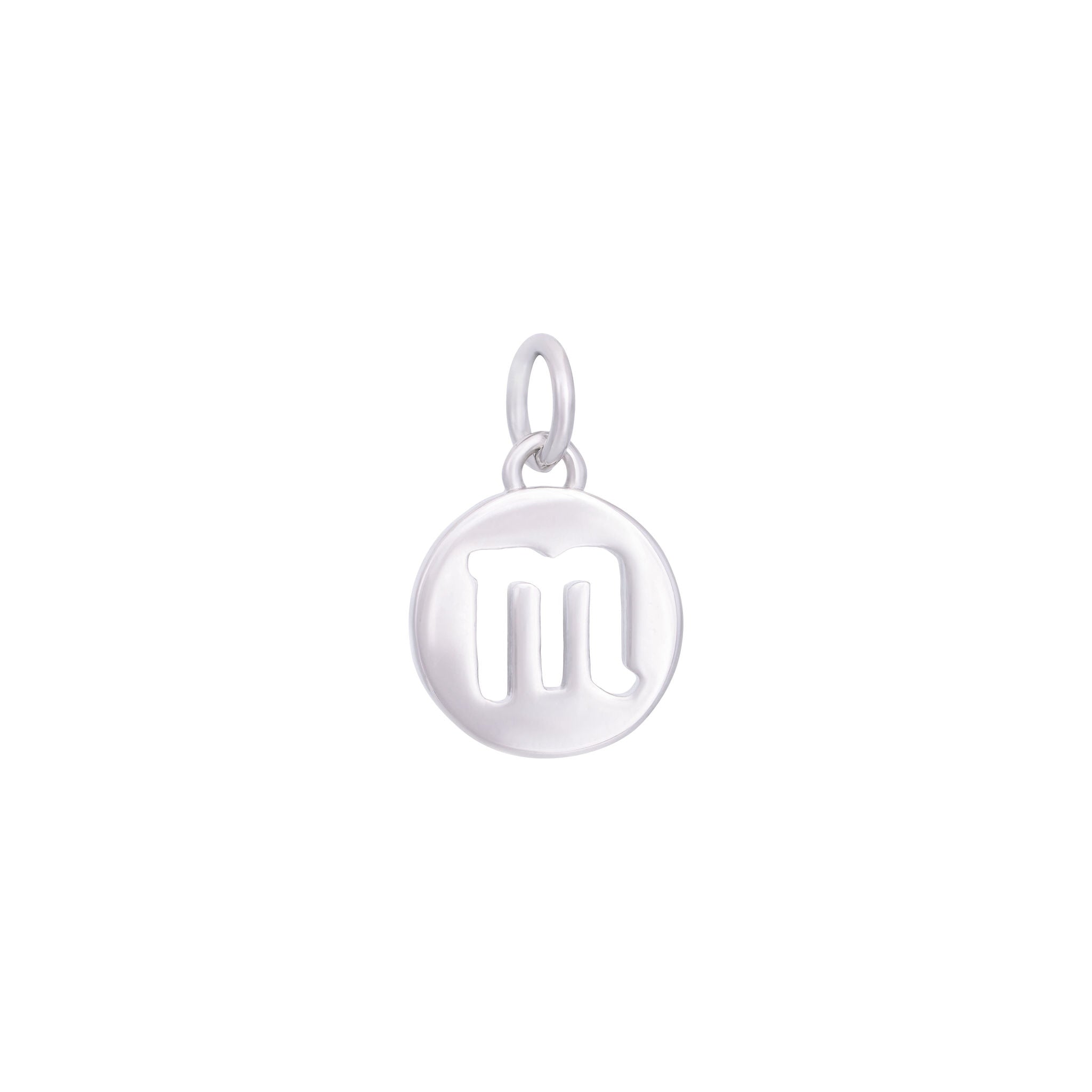 Introducing the Libra Charm - Silver by The Ends: This small, circular silver medallion charm features a lowercase "m" stamped in the center and includes a small loop at the top for easy attachment to a bracelet or necklace. Perfect for those seeking to personalize their jewelry with zodiac-inspired elements, it stands out beautifully against a plain white background.