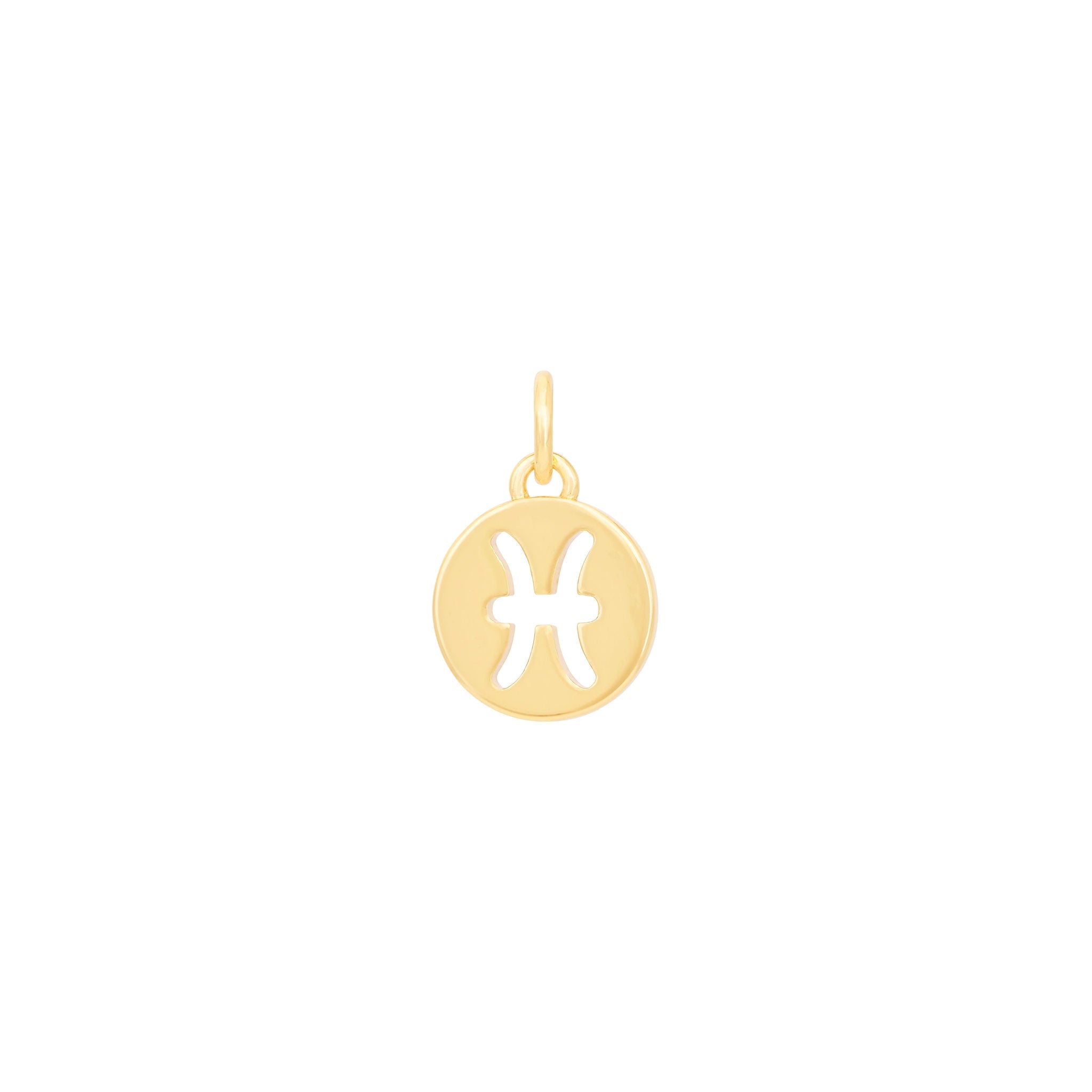 The Ends' Pisces Charm - Gold is a small, round pendant ideal as a Pisces medallion charm. It features the Pisces zodiac sign symbol cut out in the center against a white background and includes a loop at the top for easy attachment to any chain or bracelet.