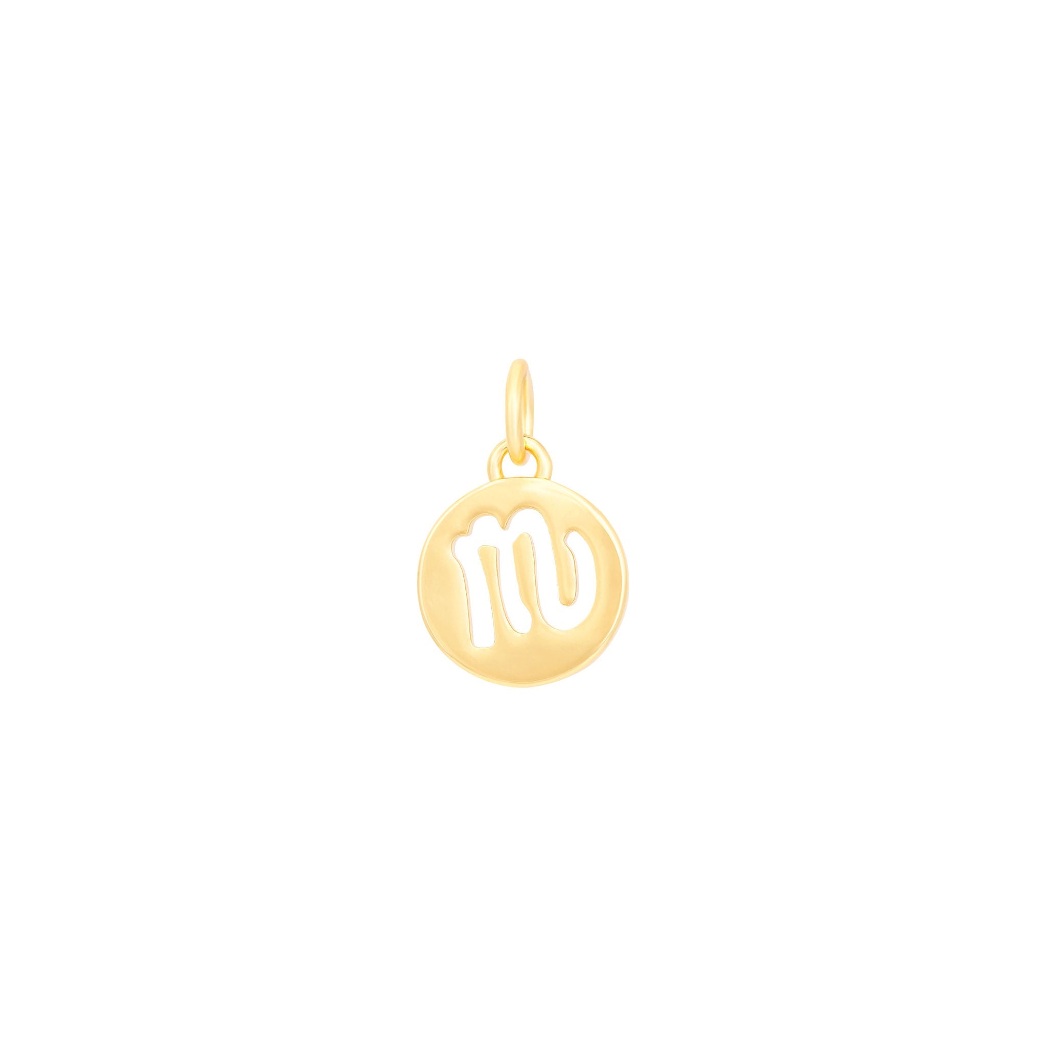 The Ends presents the Scorpio Charm - Gold, a small, round pendant showcasing a cut-out of the Scorpio zodiac symbol. With its smooth, polished finish and a loop at the top for easy attachment to chains or necklaces, this elegant medallion charm combines simplicity and style against its white background.