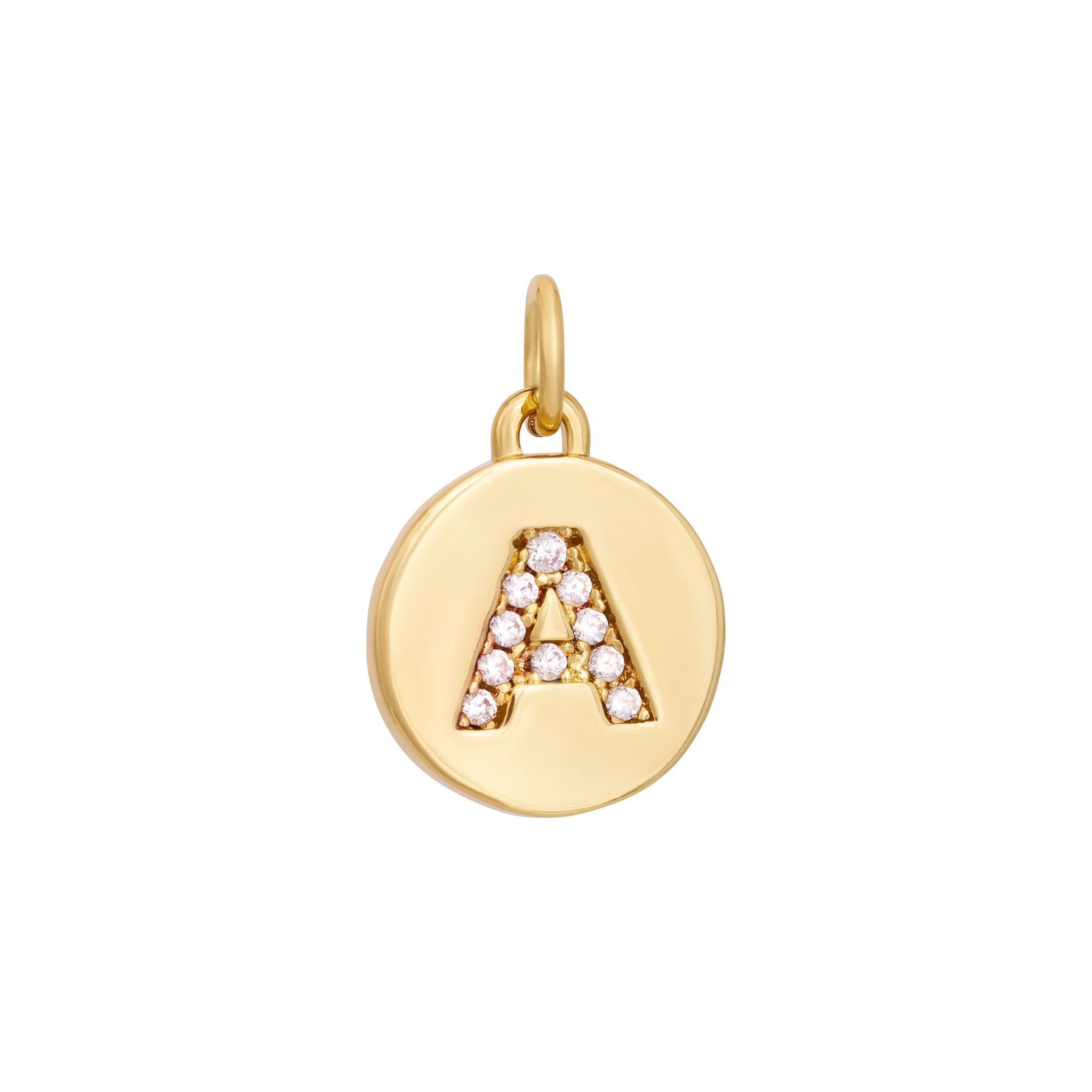 A polished gold "A" coin charm from The Ends' Zircon Letter Coin Charms A-Z collection, showcasing small sparkling diamonds arranged in the shape of the letter. The medallion-style pendant features a slightly rounded edge and is suspended from a loop.