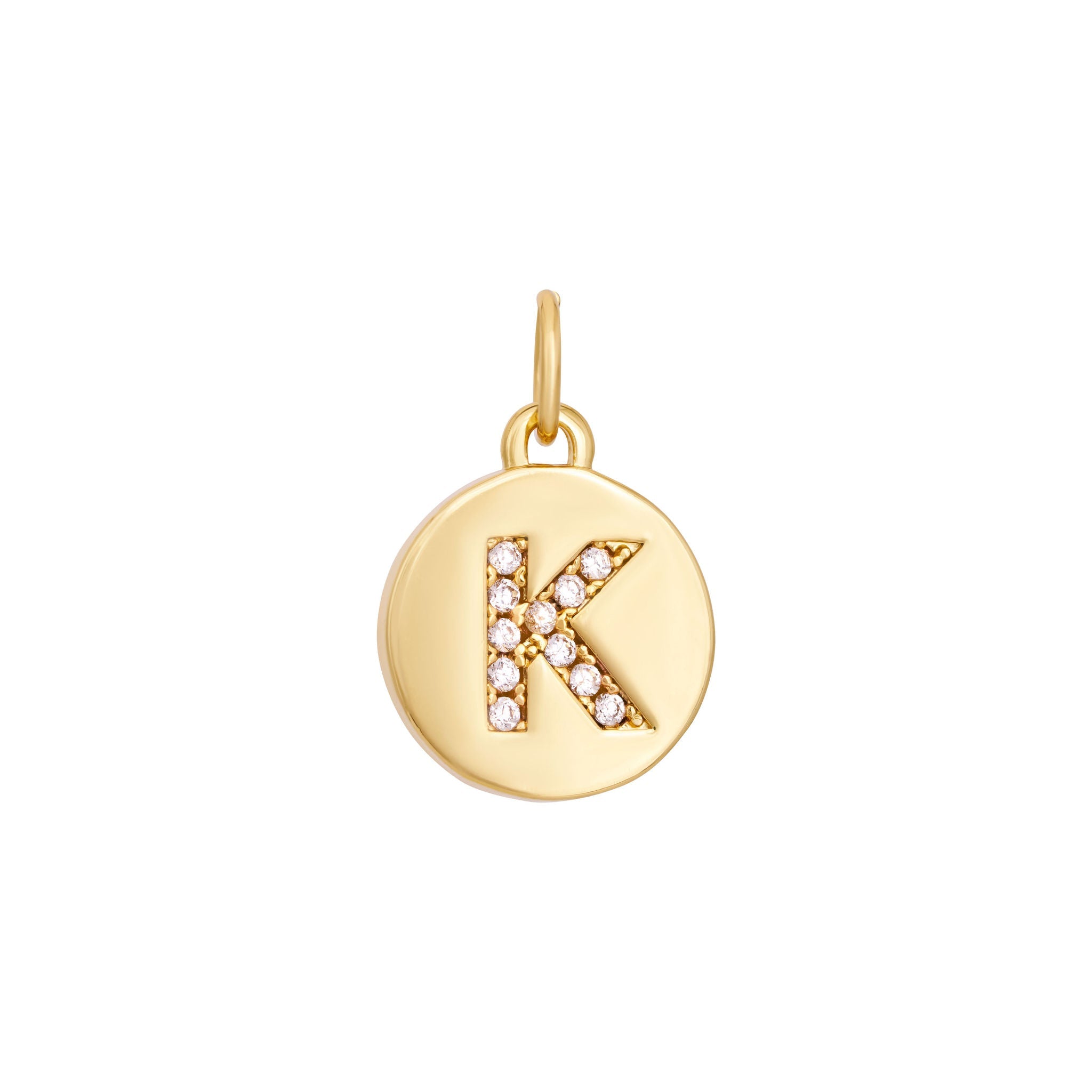 A polished gold "A" coin charm from The Ends' Zircon Letter Coin Charms A-Z collection, showcasing small sparkling diamonds arranged in the shape of the letter. The medallion-style pendant features a slightly rounded edge and is suspended from a loop.