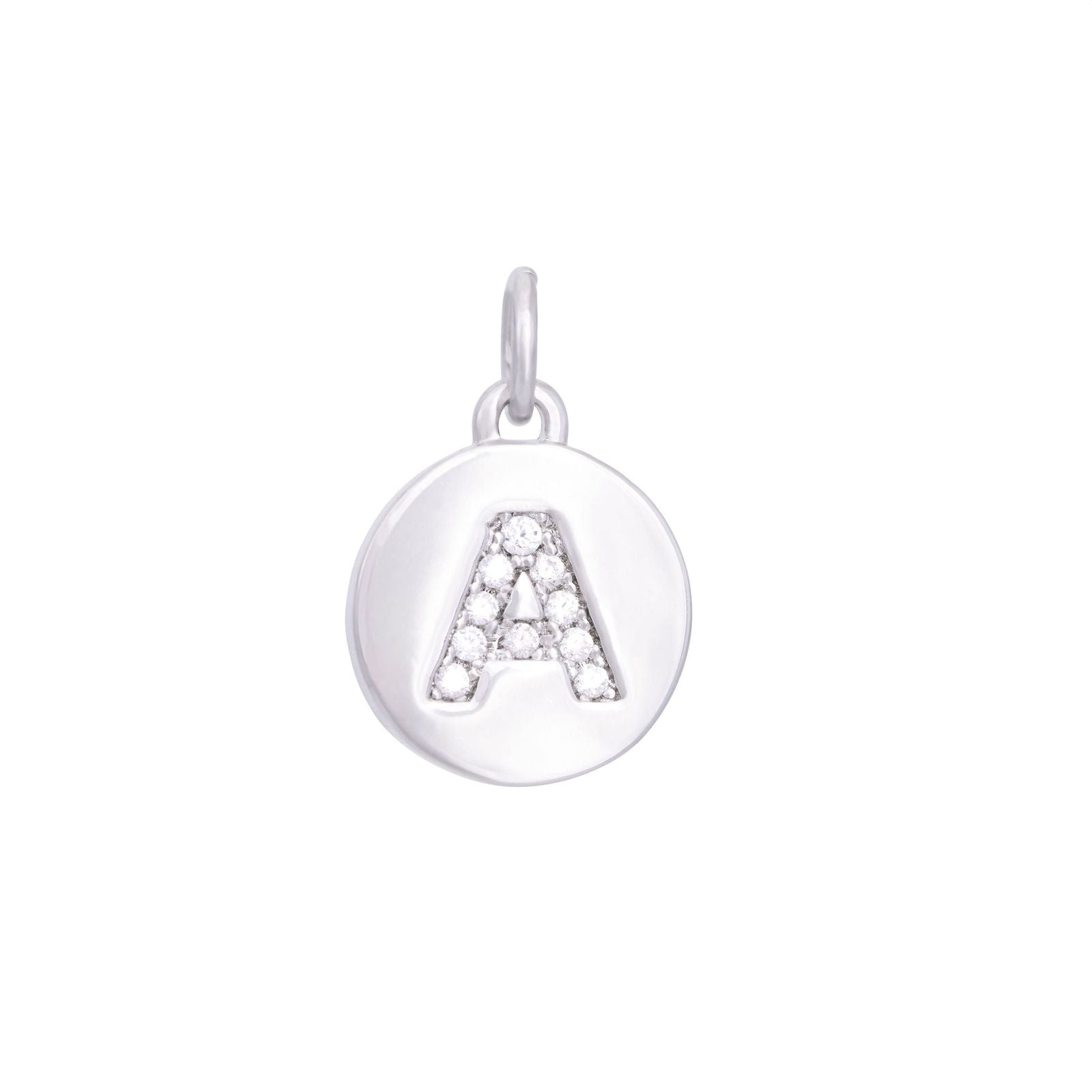 The Ends' Silver Zircon Letter Coin Charm (A) features a circular pendant with the letter "A" debossed, accented with zircons at the center, and includes a loop at the top for easy attachment to a necklace.