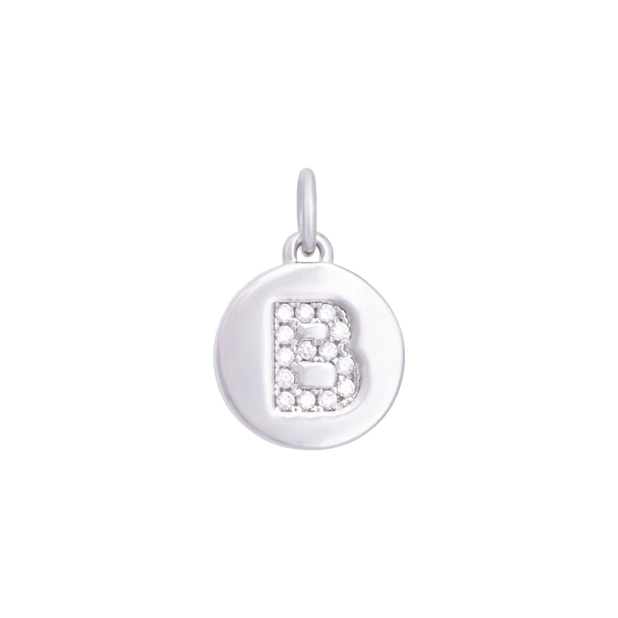 The Ends' Silver Zircon Letter Coin Charm (A) features a circular pendant with the letter "A" debossed, accented with zircons at the center, and includes a loop at the top for easy attachment to a necklace.