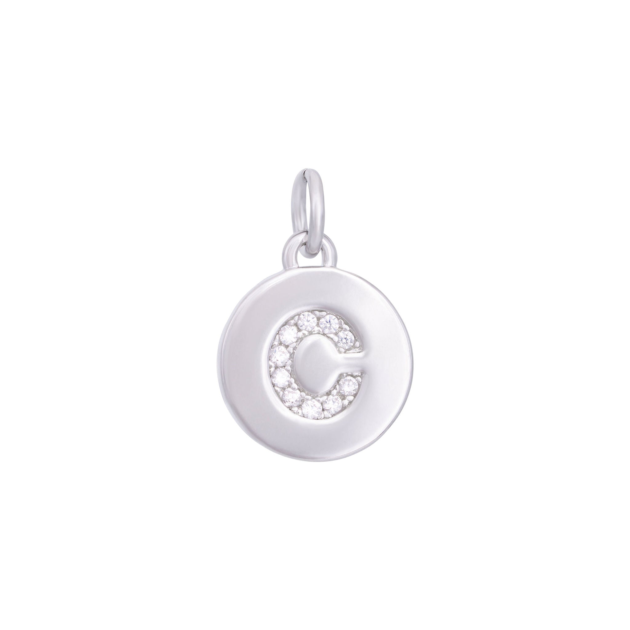 The Ends' Silver Zircon Letter Coin Charm (A) features a circular pendant with the letter "A" debossed, accented with zircons at the center, and includes a loop at the top for easy attachment to a necklace.