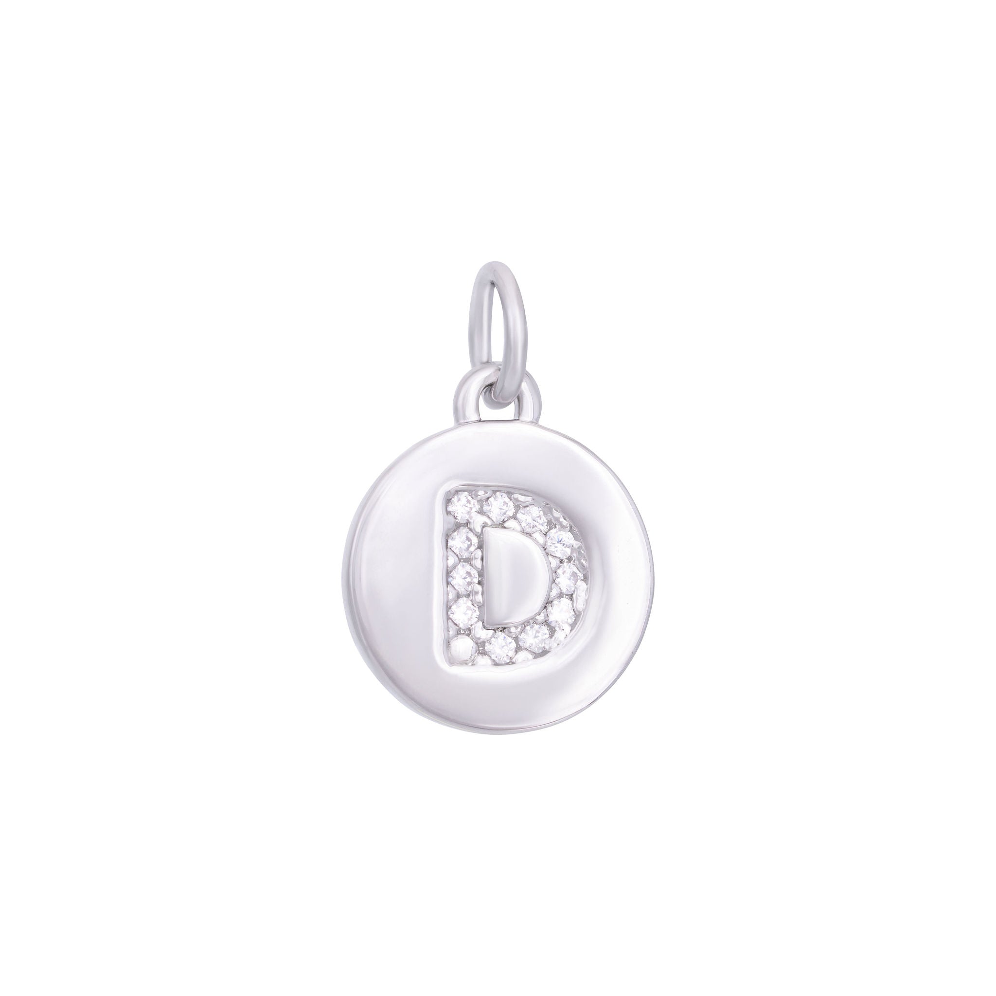 The Ends' Silver Zircon Letter Coin Charm (A) features a circular pendant with the letter "A" debossed, accented with zircons at the center, and includes a loop at the top for easy attachment to a necklace.