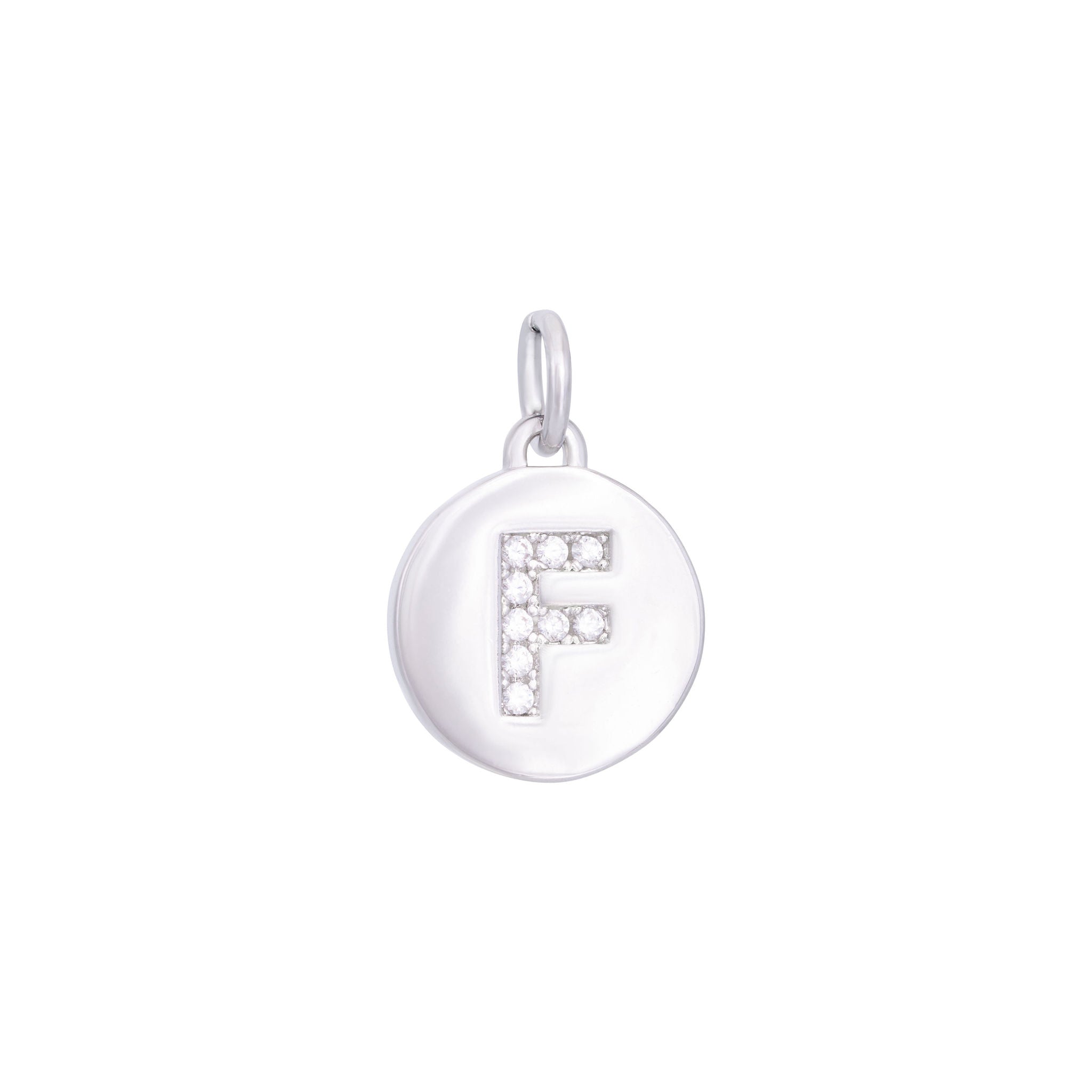 The Ends' Silver Zircon Letter Coin Charm (A) features a circular pendant with the letter "A" debossed, accented with zircons at the center, and includes a loop at the top for easy attachment to a necklace.