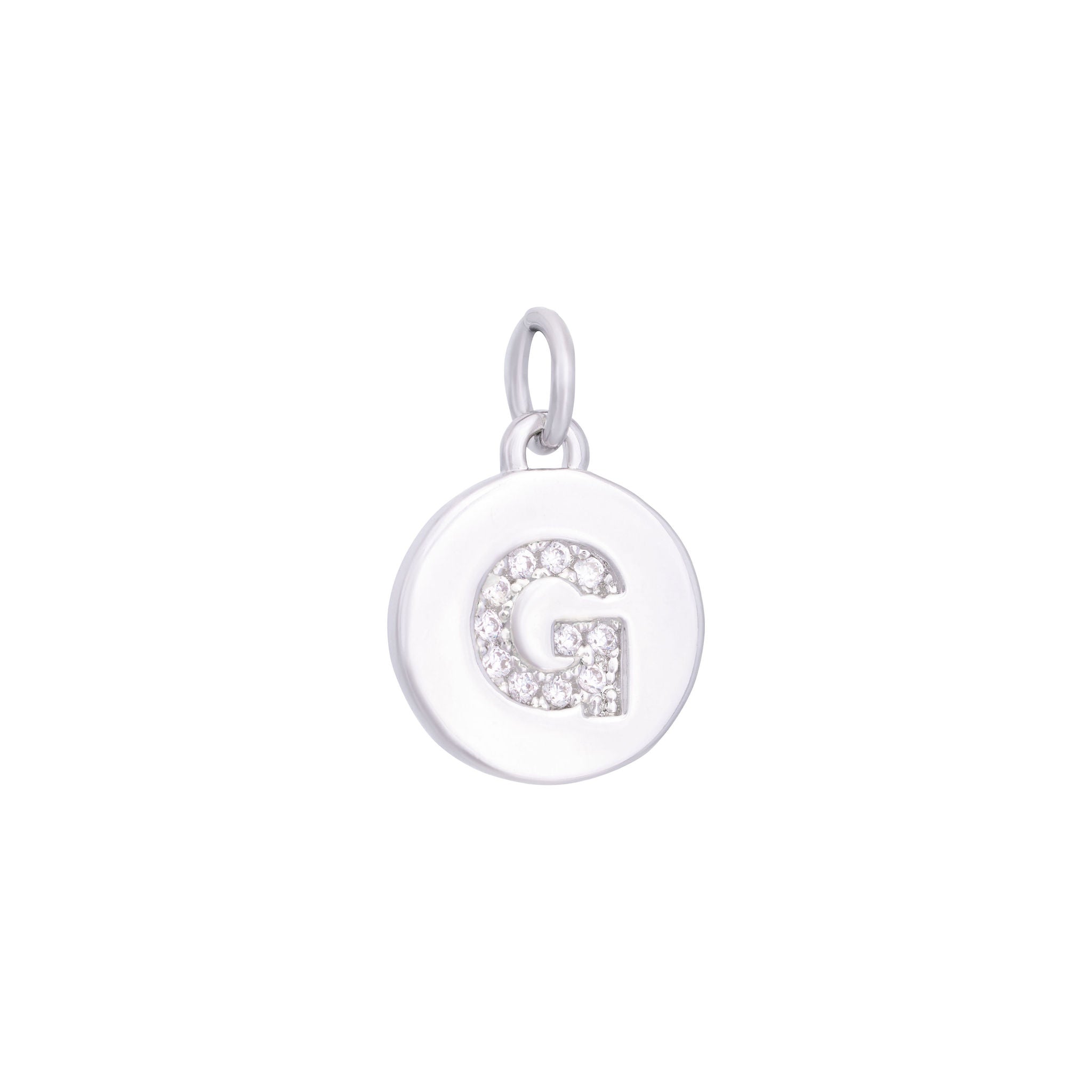 The Ends' Silver Zircon Letter Coin Charm (A) features a circular pendant with the letter "A" debossed, accented with zircons at the center, and includes a loop at the top for easy attachment to a necklace.