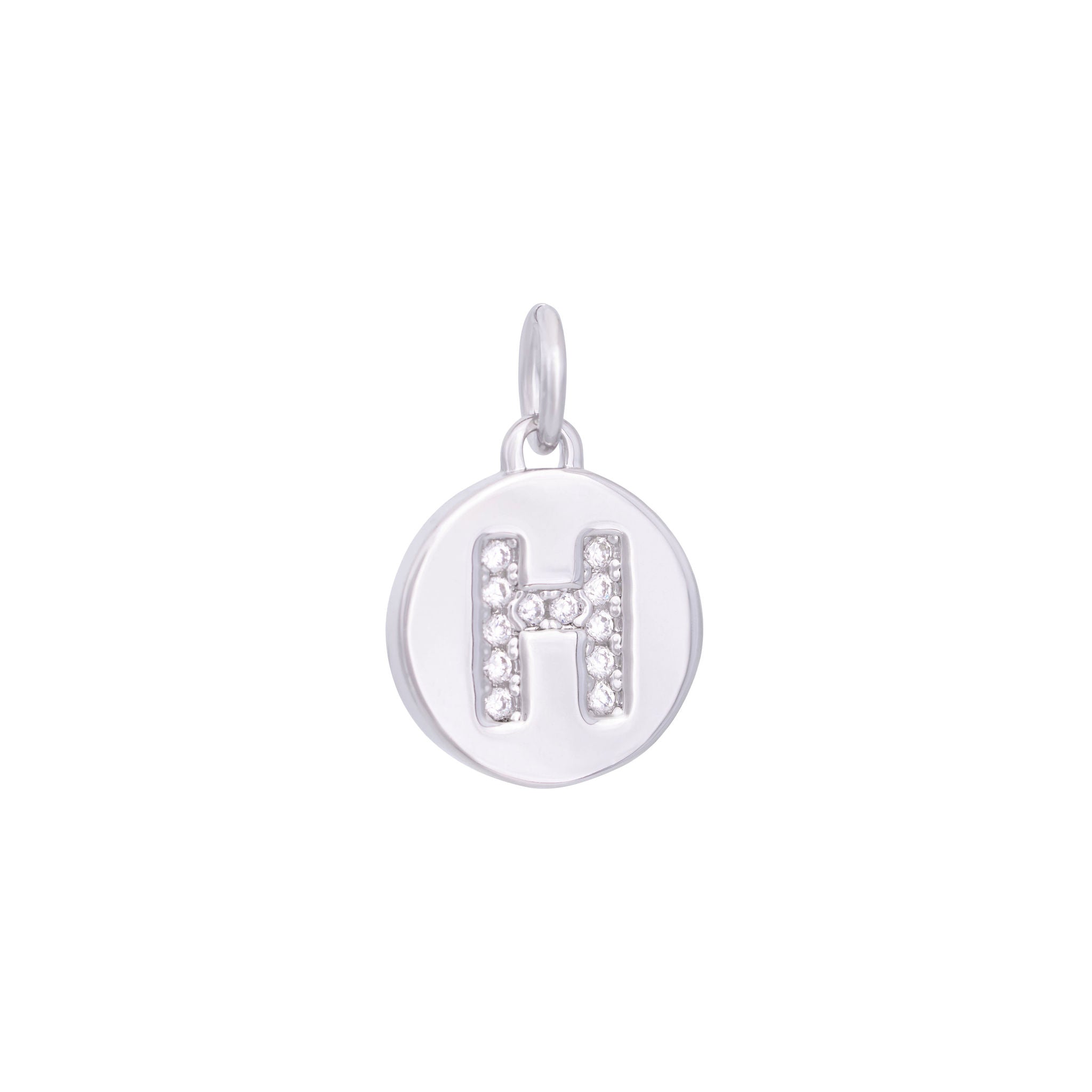 The Ends' Silver Zircon Letter Coin Charm (A) features a circular pendant with the letter "A" debossed, accented with zircons at the center, and includes a loop at the top for easy attachment to a necklace.