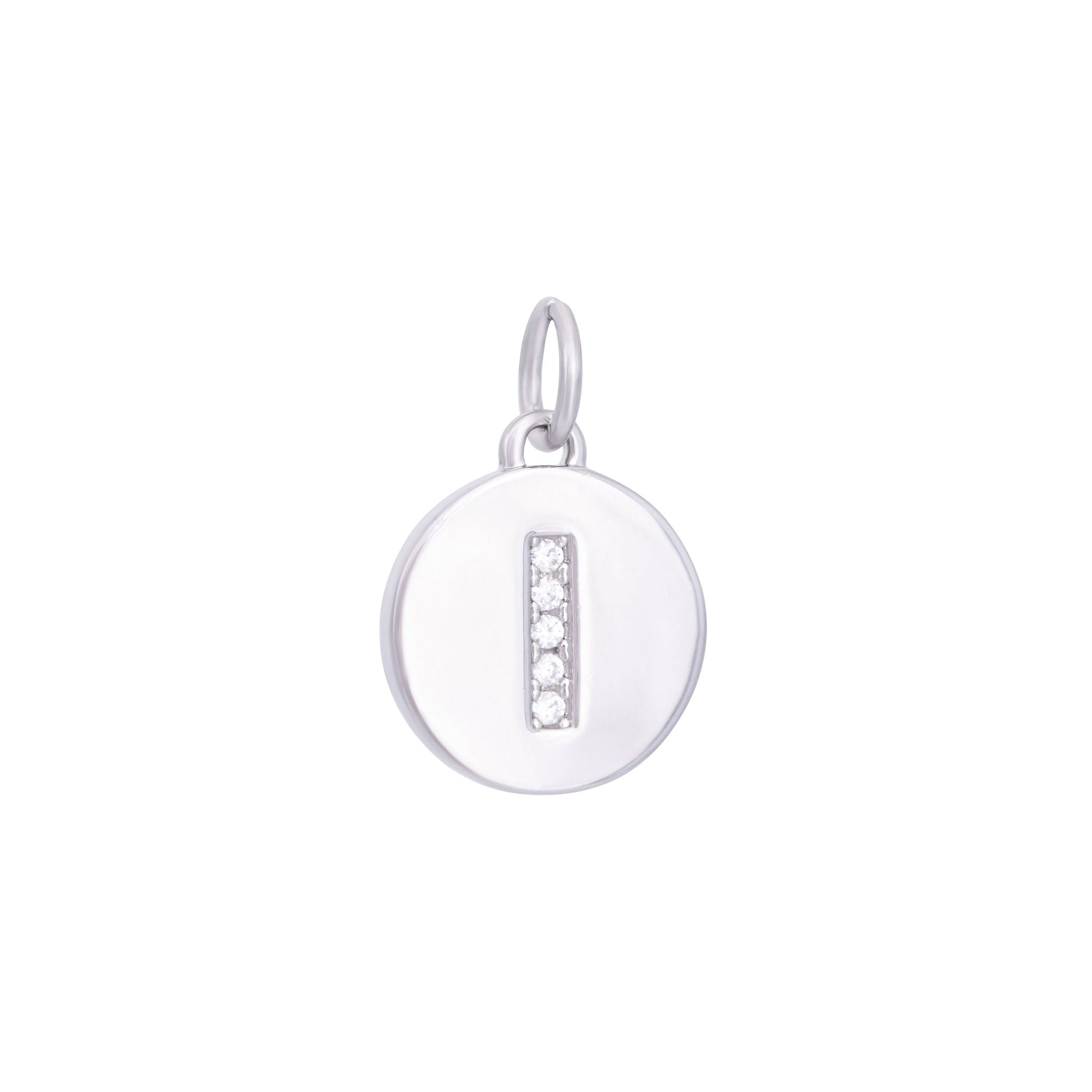 The Ends' Silver Zircon Letter Coin Charm (A) features a circular pendant with the letter "A" debossed, accented with zircons at the center, and includes a loop at the top for easy attachment to a necklace.