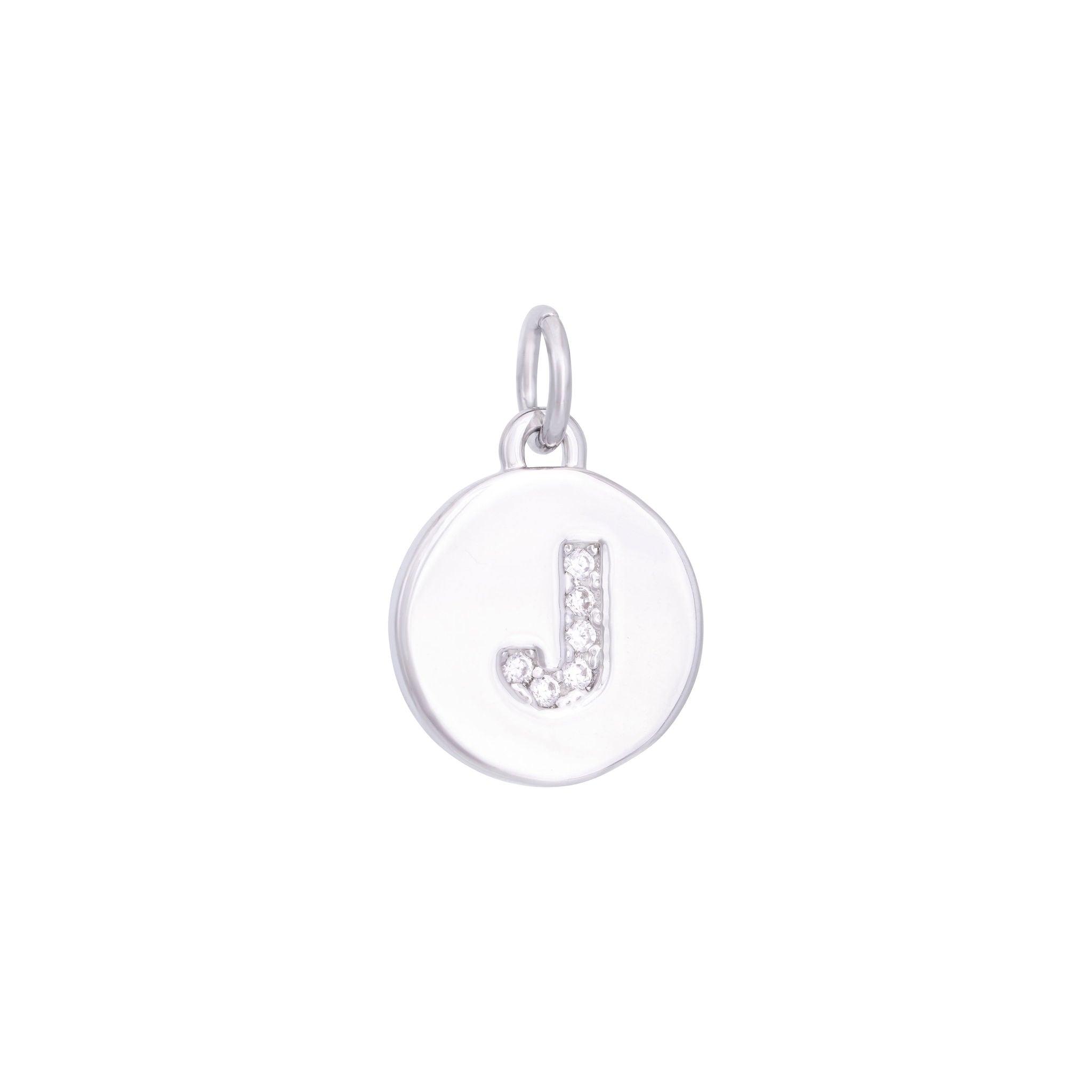 The Ends' Silver Zircon Letter Coin Charm (A) features a circular pendant with the letter "A" debossed, accented with zircons at the center, and includes a loop at the top for easy attachment to a necklace.