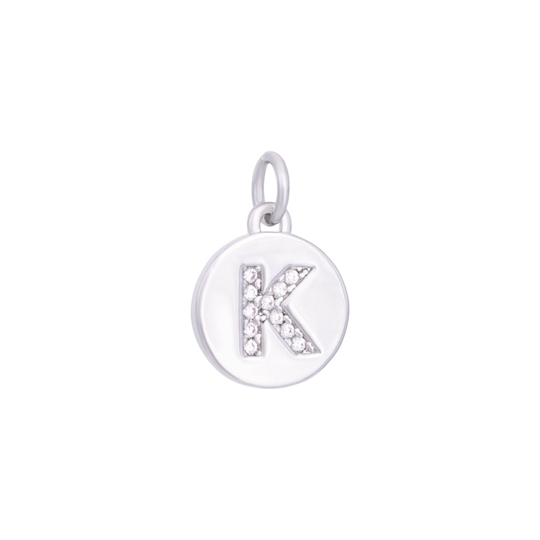 The Ends' Silver Zircon Letter Coin Charm (A) features a circular pendant with the letter "A" debossed, accented with zircons at the center, and includes a loop at the top for easy attachment to a necklace.