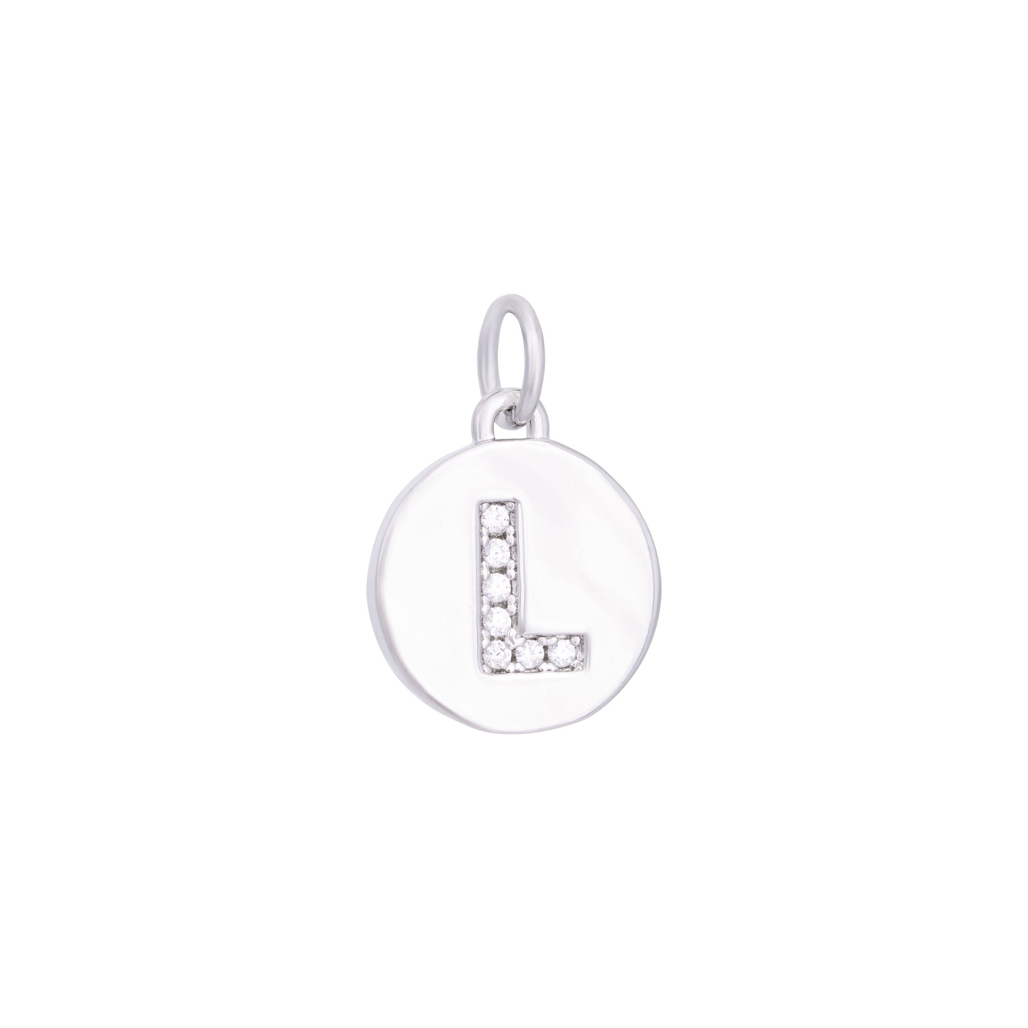 The Ends' Silver Zircon Letter Coin Charm (A) features a circular pendant with the letter "A" debossed, accented with zircons at the center, and includes a loop at the top for easy attachment to a necklace.