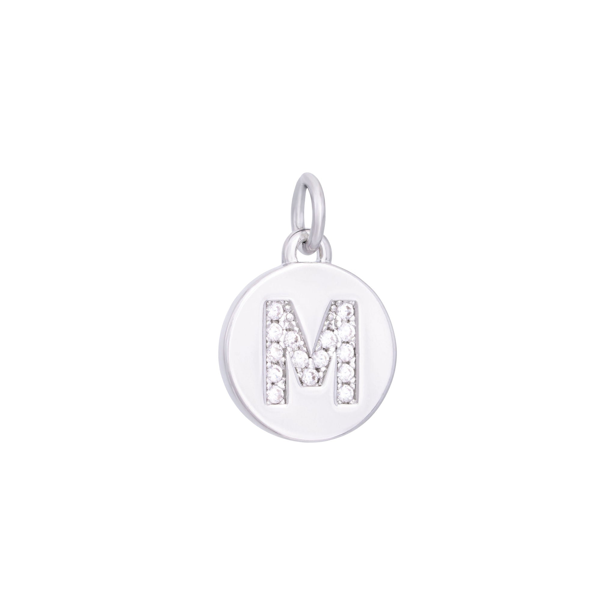 The Ends' Silver Zircon Letter Coin Charm (A) features a circular pendant with the letter "A" debossed, accented with zircons at the center, and includes a loop at the top for easy attachment to a necklace.