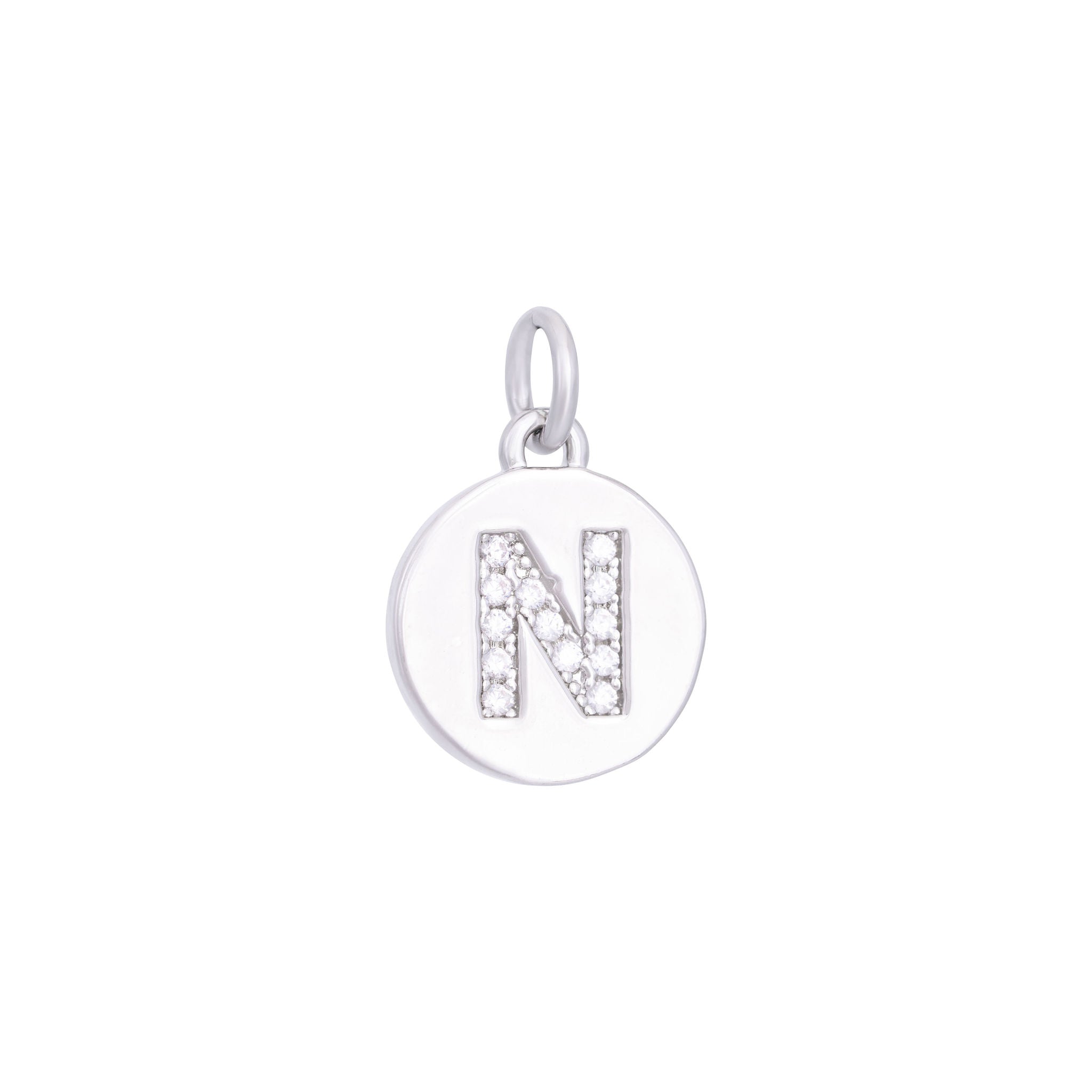 The Ends' Silver Zircon Letter Coin Charm (A) features a circular pendant with the letter "A" debossed, accented with zircons at the center, and includes a loop at the top for easy attachment to a necklace.